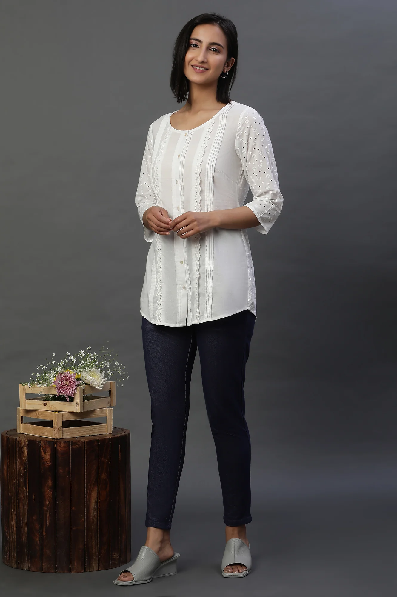 White Front Pleated Schiffli Short Kurti - Image 5