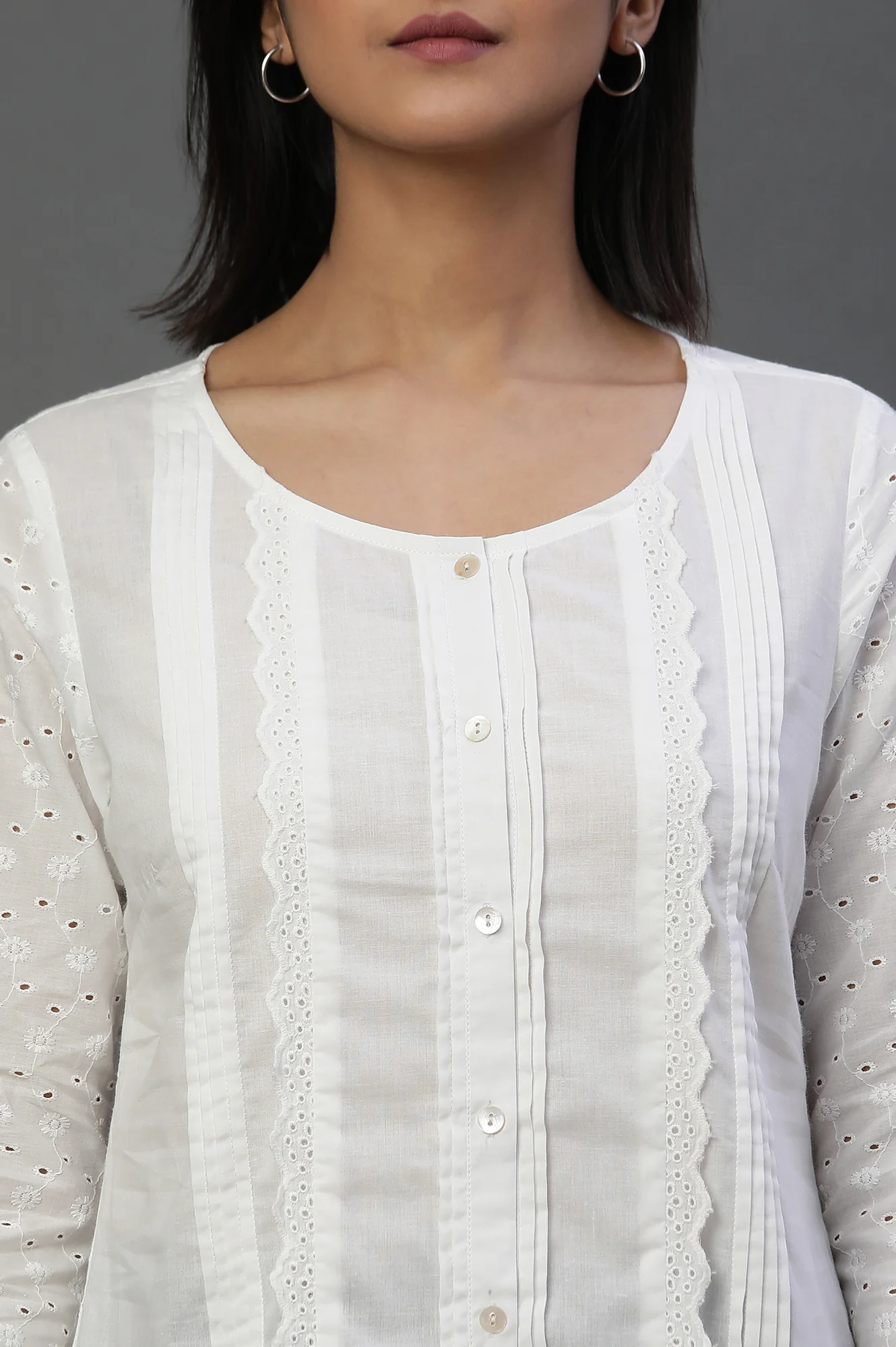 White Front Pleated Schiffli Short Kurti - Image 6