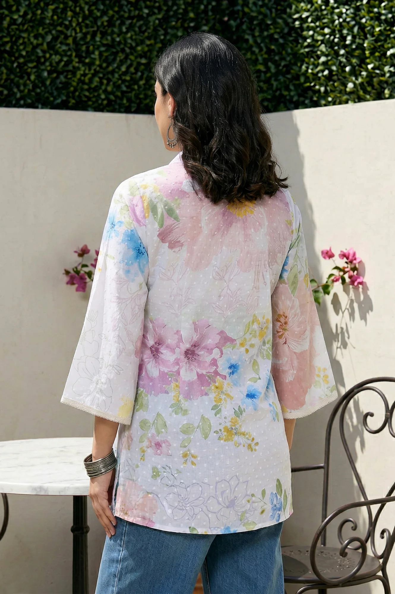 White Lace Floral Printed Pure Cotton Straight Kurti - Image 5