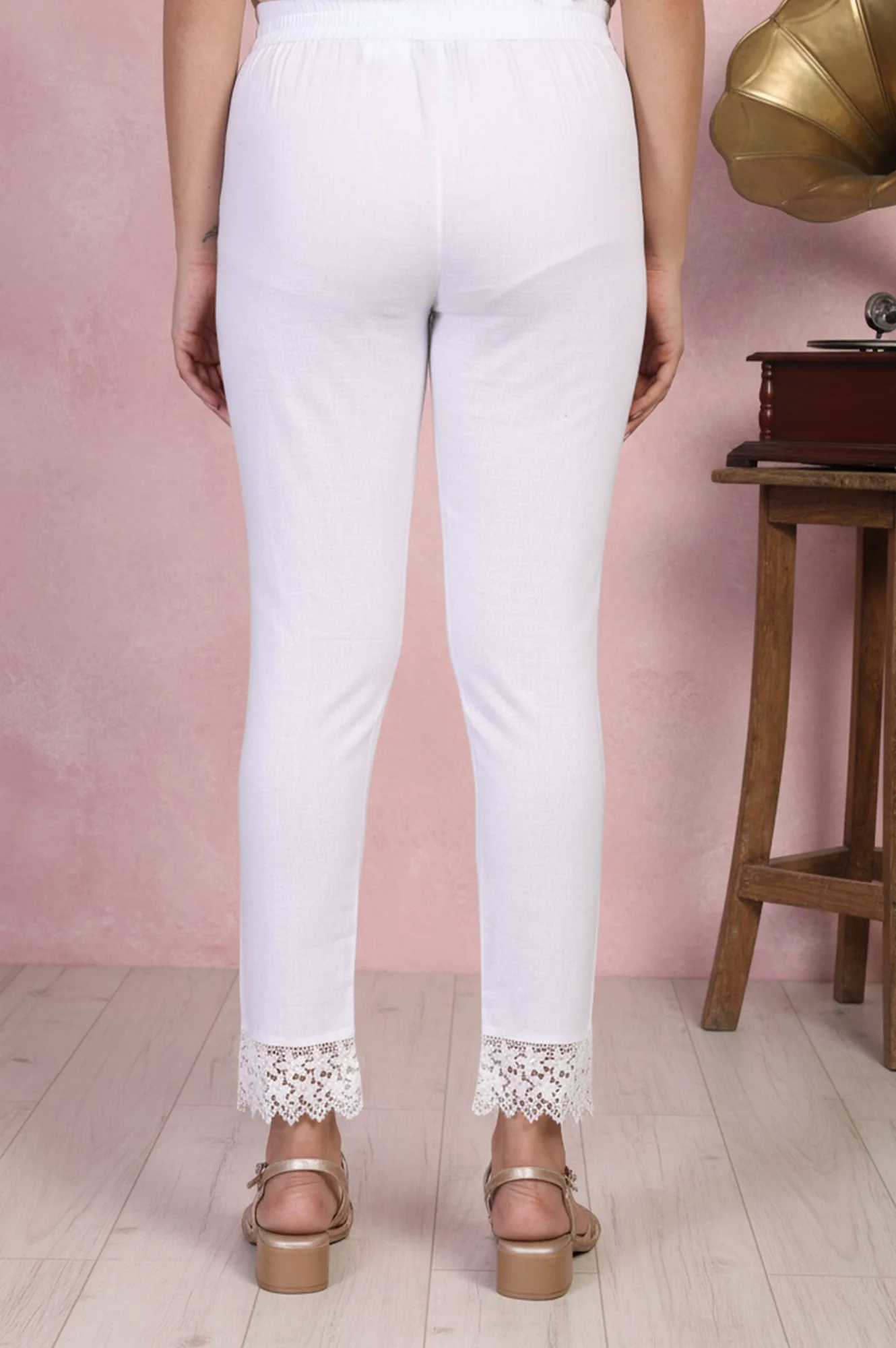 White Lace Trim Slim-Fit Cotton Pant - Image 5