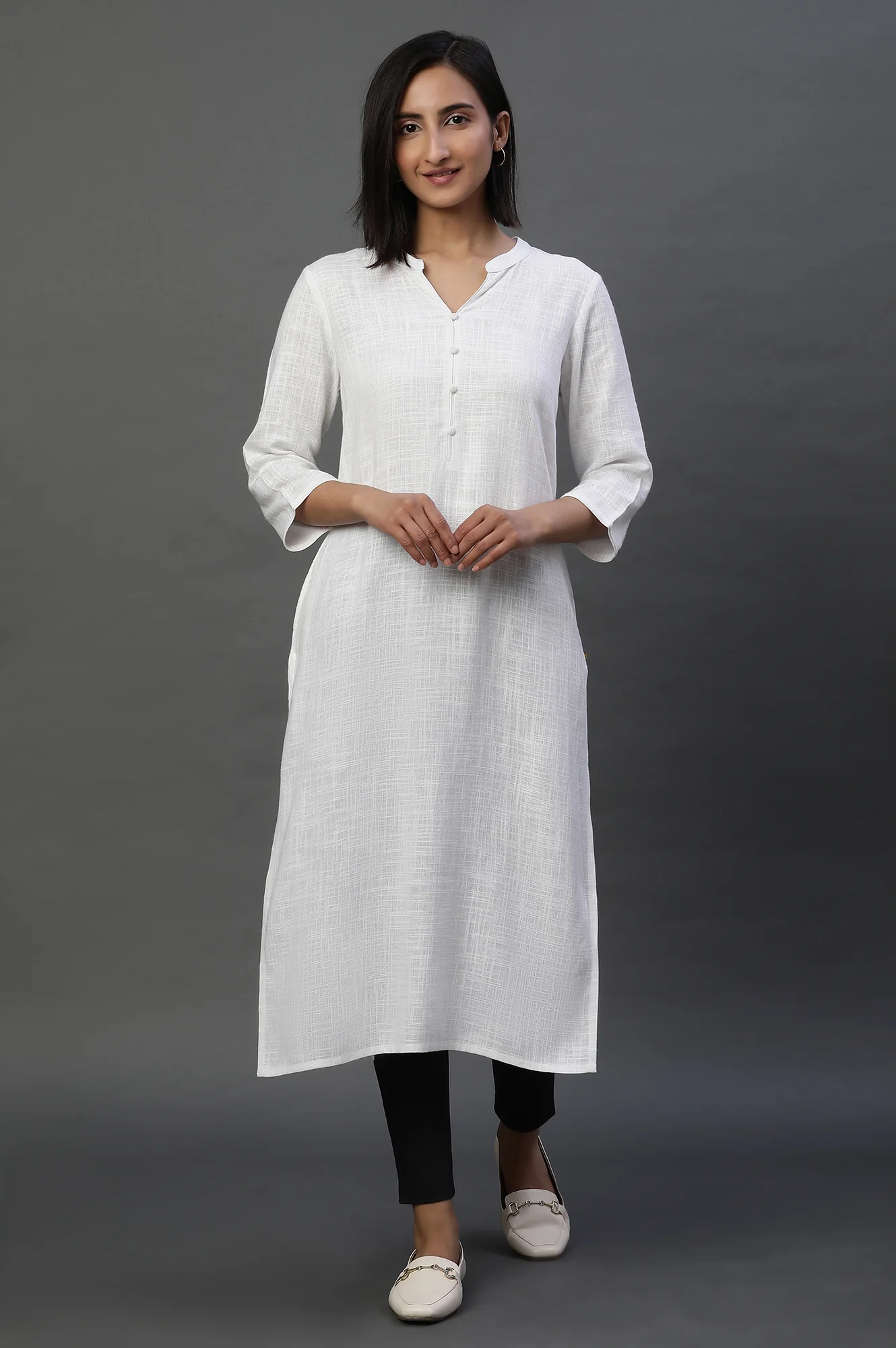 White Mandarin Collar Casual Kurta - Image 2