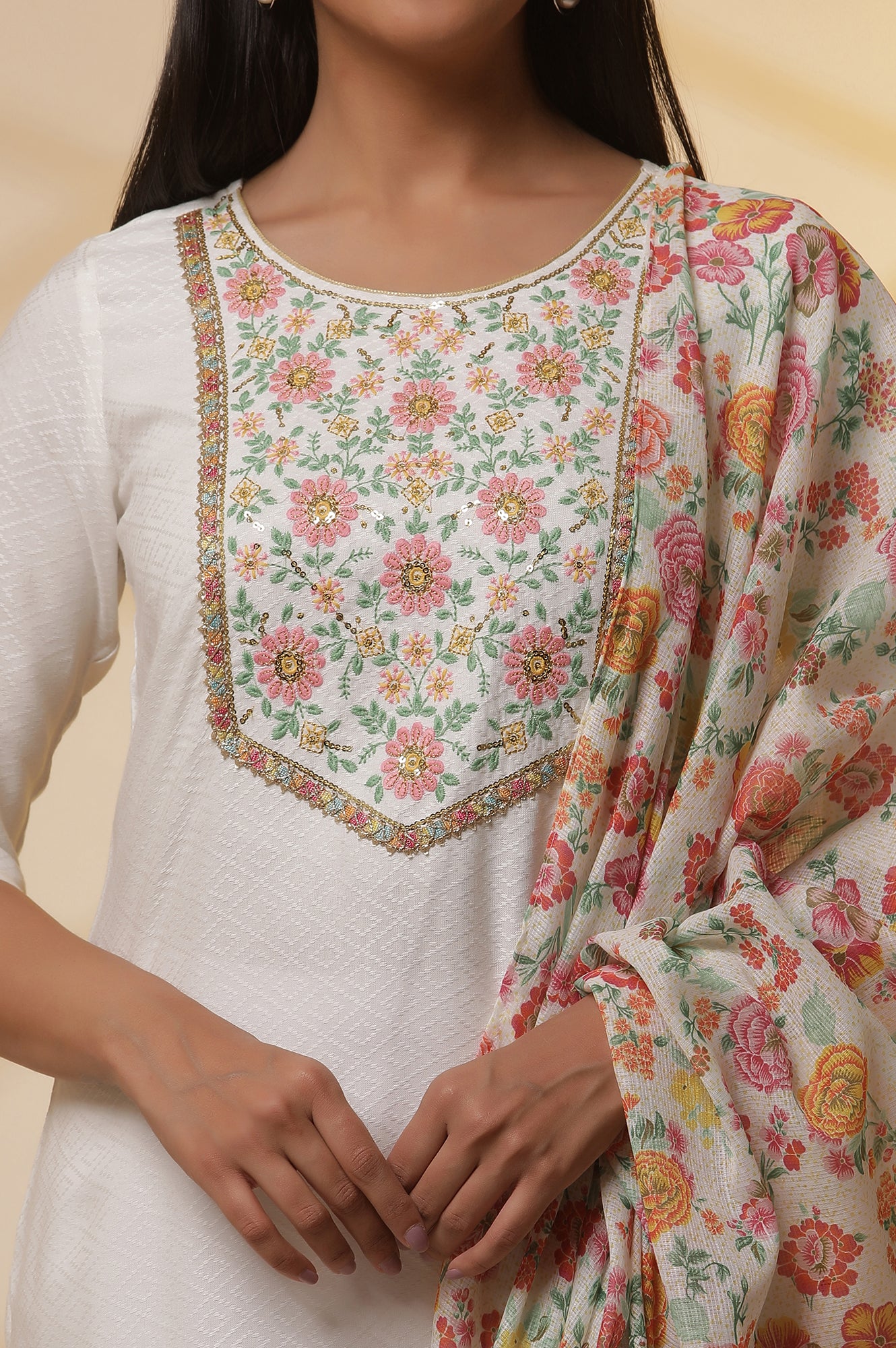 White Metallic Embroidered Kurta, Tights and Floral Dupatta Set - Image 6