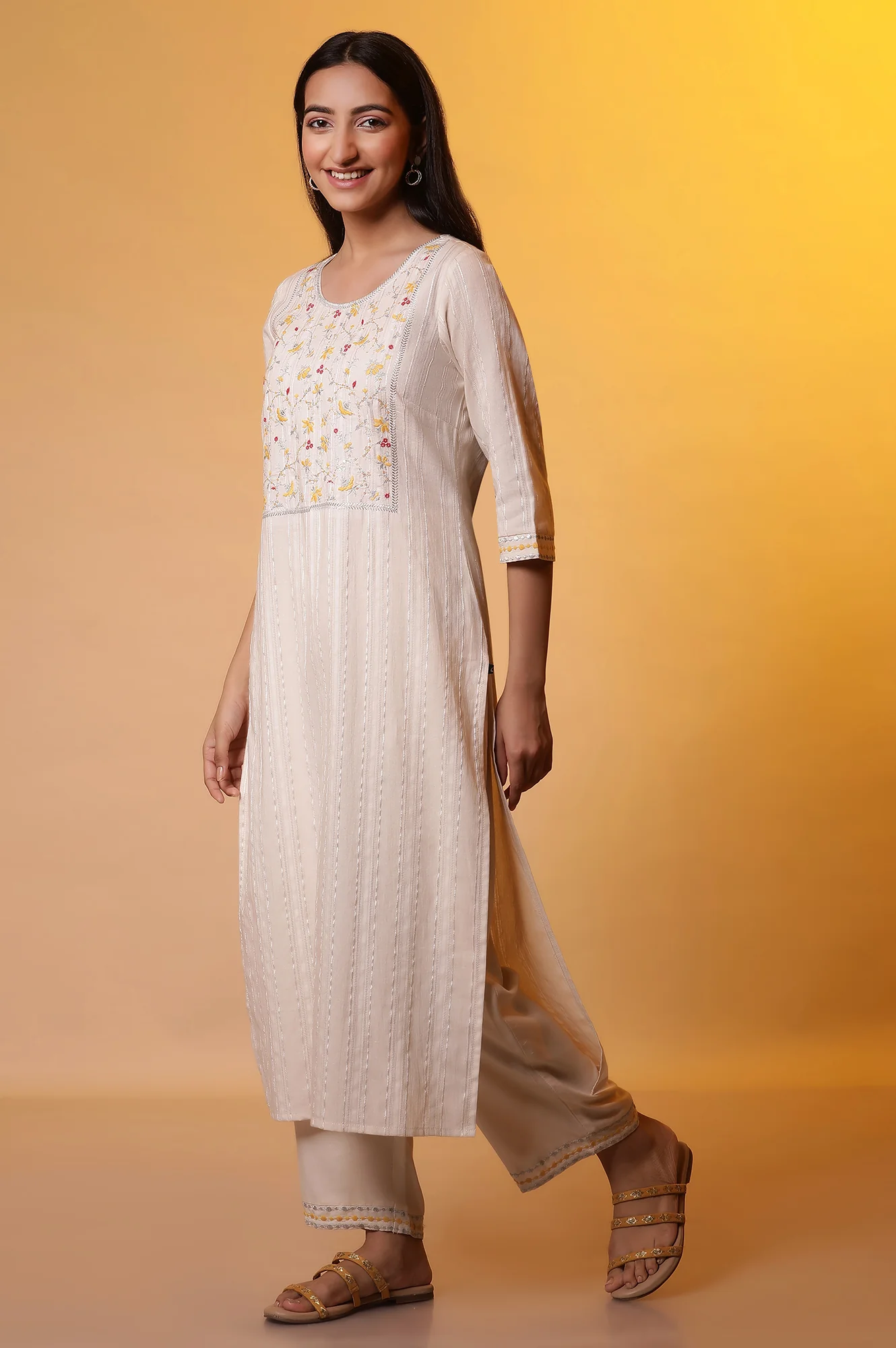 White Metallic Embroidery Kurta, Palazzo and Dupatta Set - Image 3