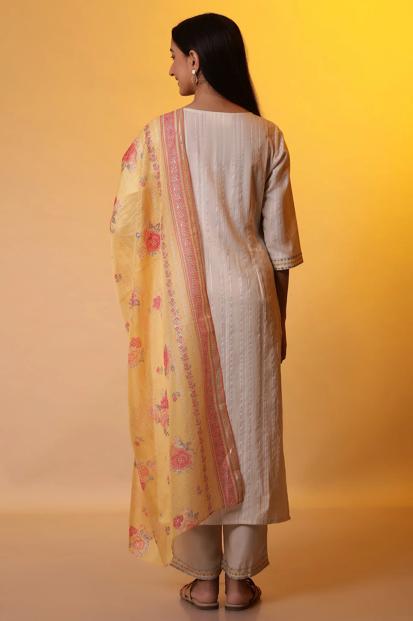 White Metallic Embroidery Kurta, Palazzo and Dupatta Set - Image 4