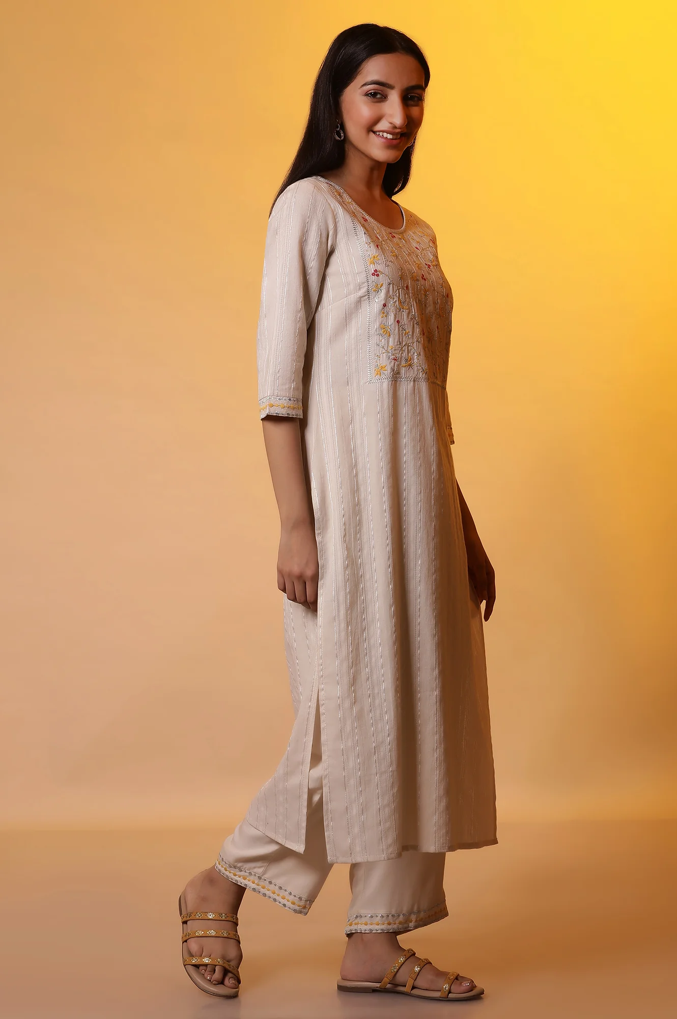 White Metallic Embroidery Kurta, Palazzo and Dupatta Set - Image 5