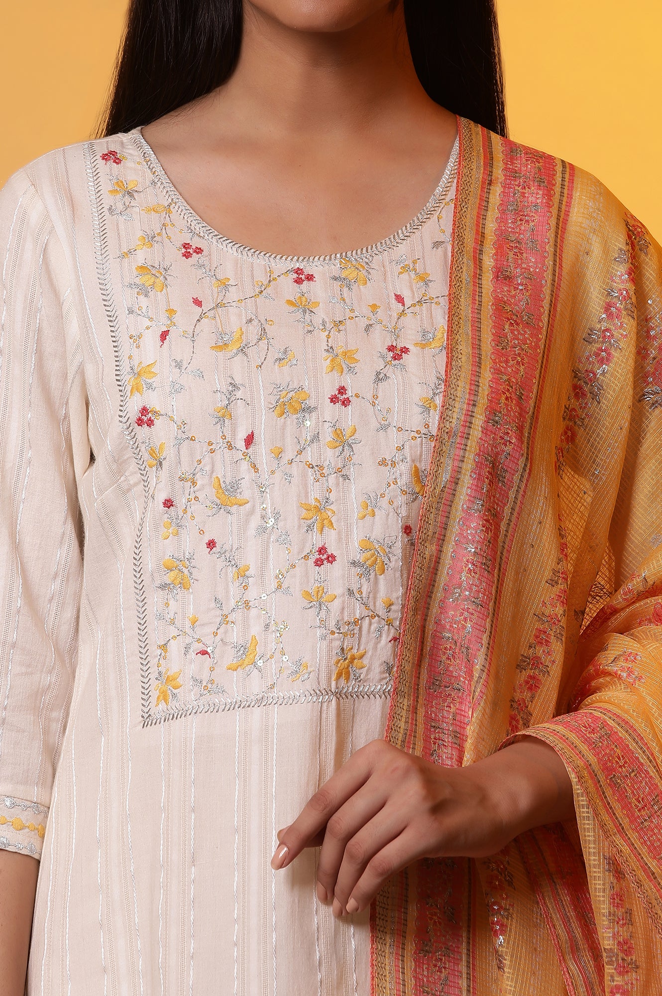 White Metallic Embroidery Kurta, Palazzo and Dupatta Set - Image 6