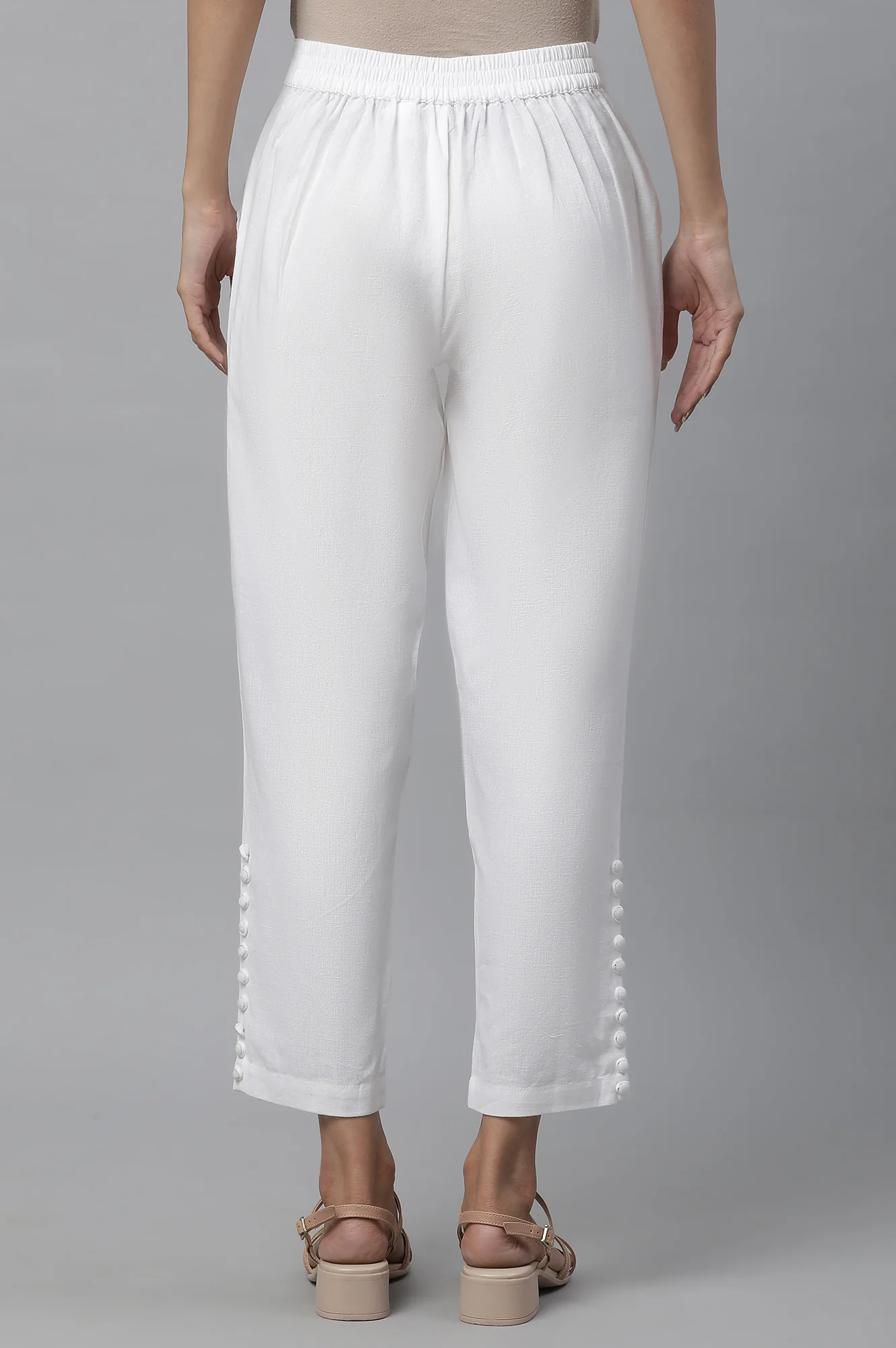 White Solid Straight Fit Cotton Trousers With Button Detail - Image 3