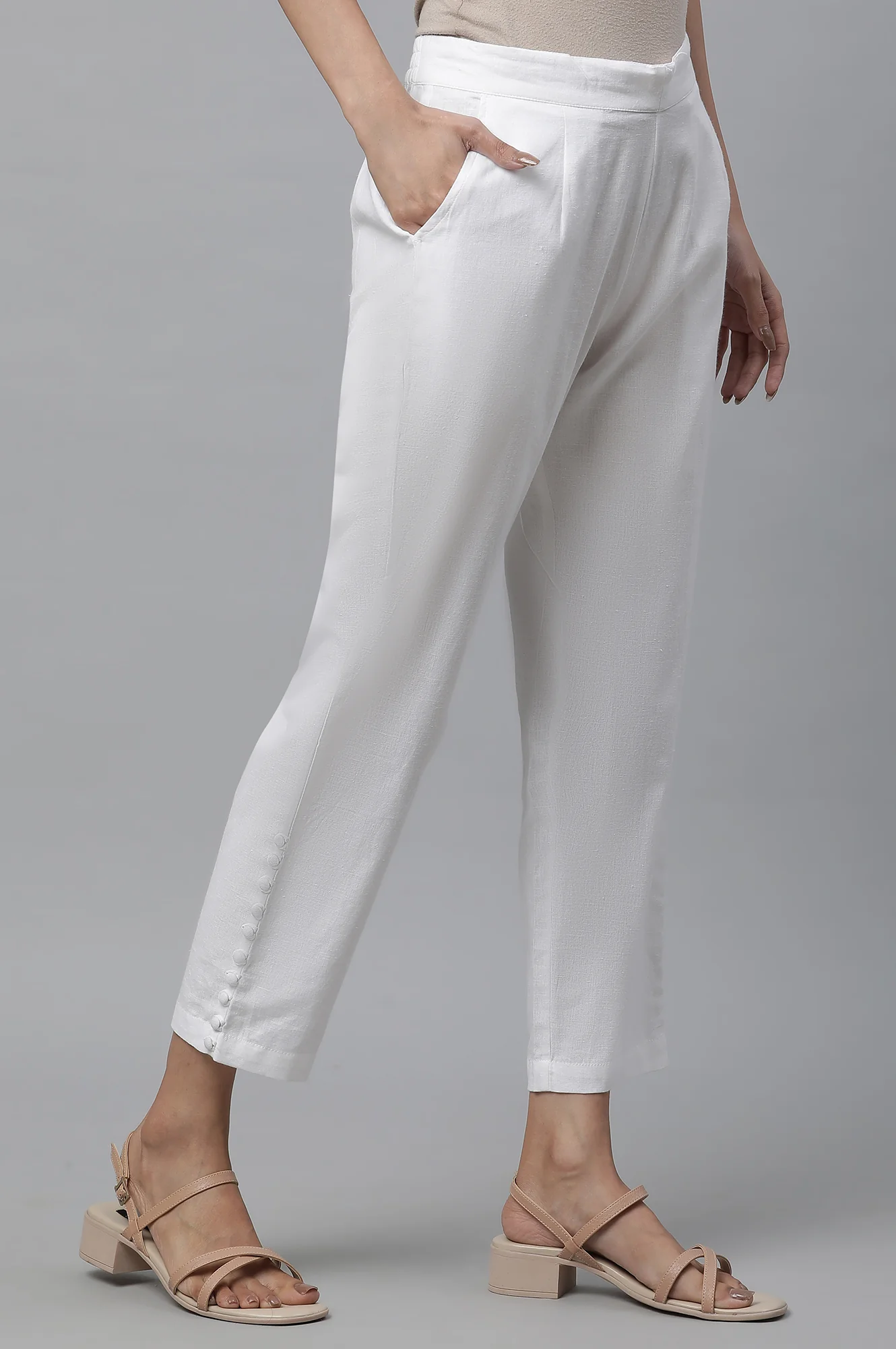 White Solid Straight Fit Cotton Trousers With Button Detail - Image 4