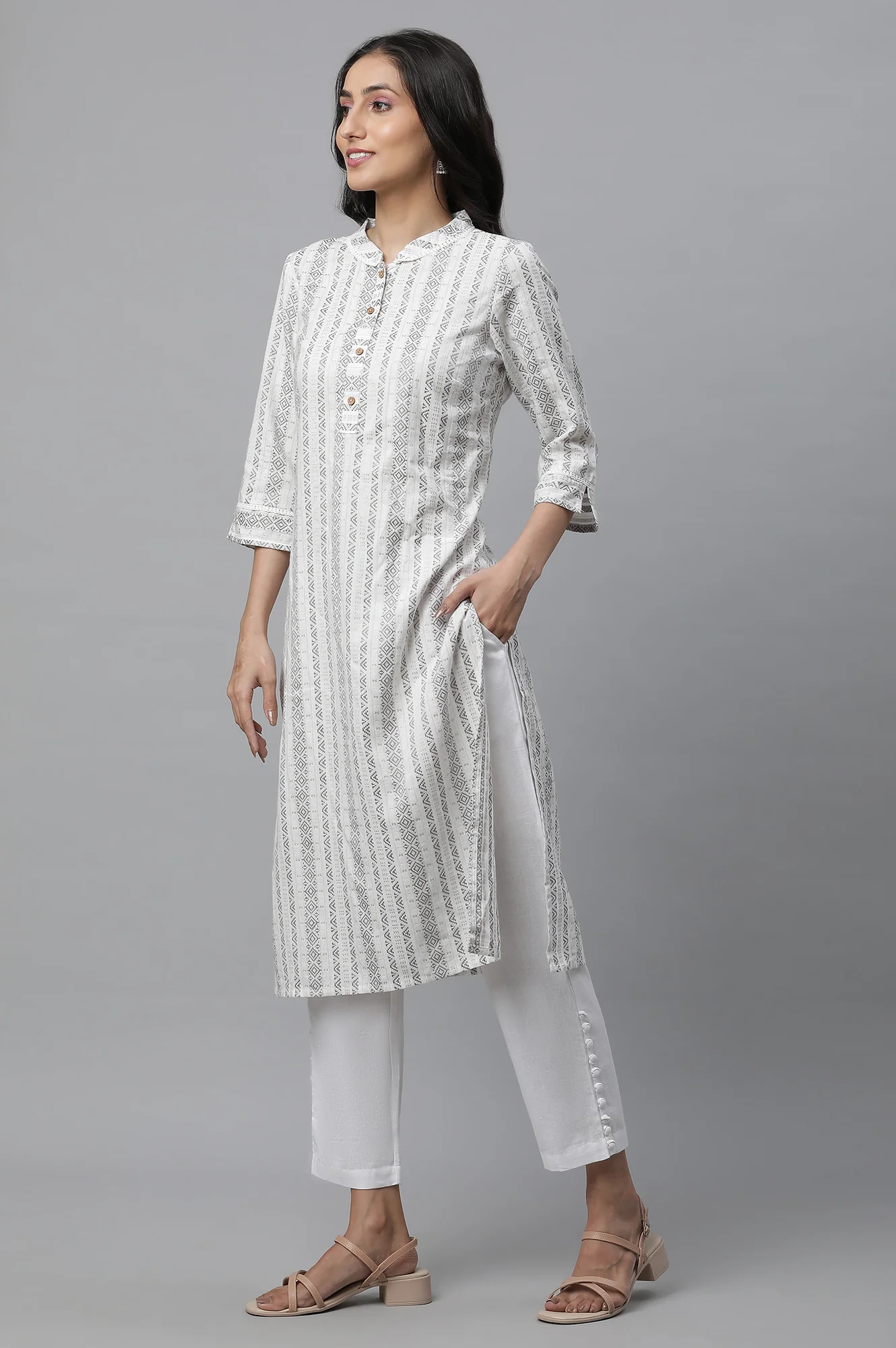 White Solid Straight Fit Cotton Trousers With Button Detail - Image 5