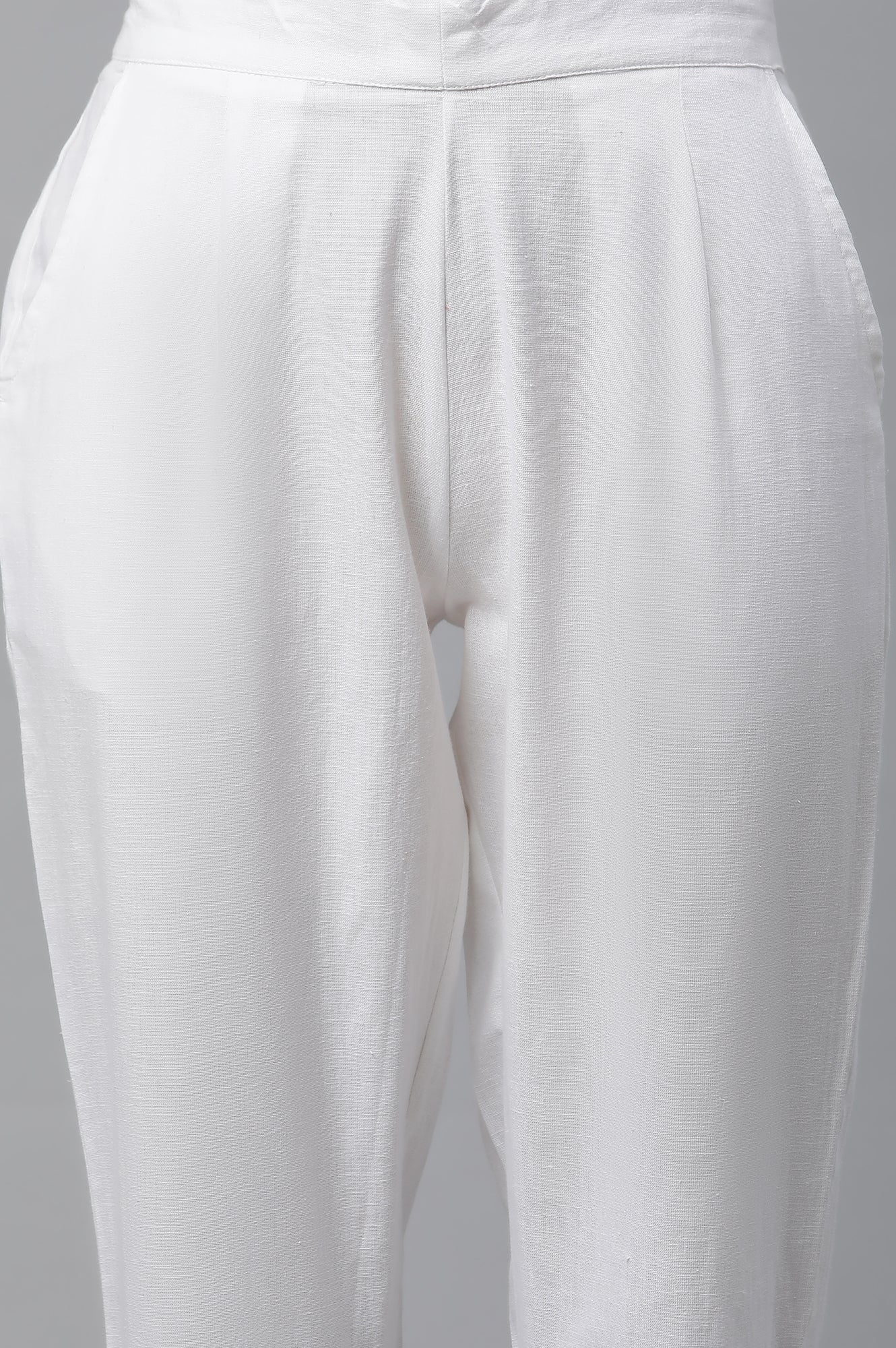 White Solid Straight Fit Cotton Trousers With Button Detail - Image 7