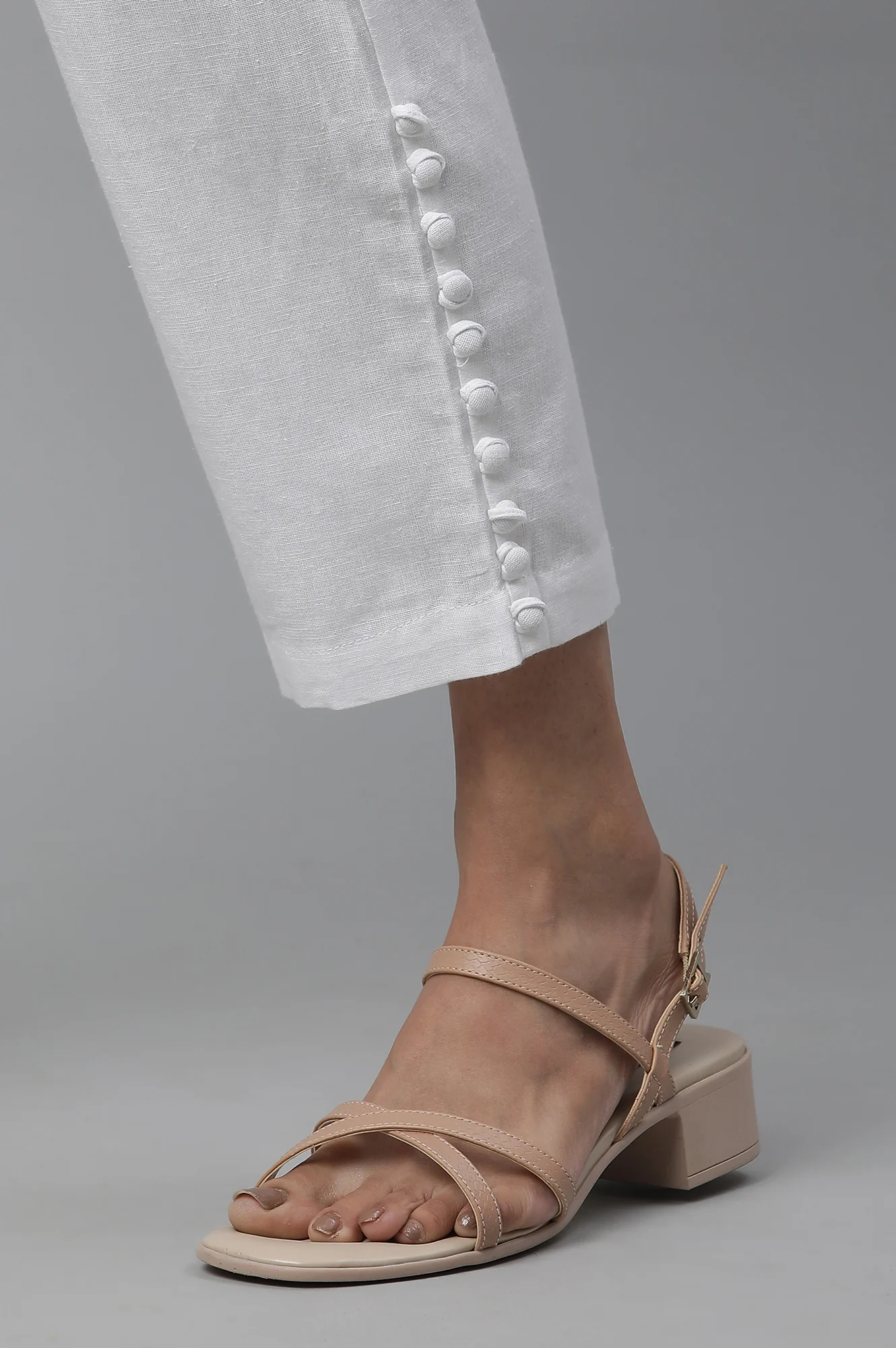 White Solid Straight Fit Cotton Trousers With Button Detail - Image 8