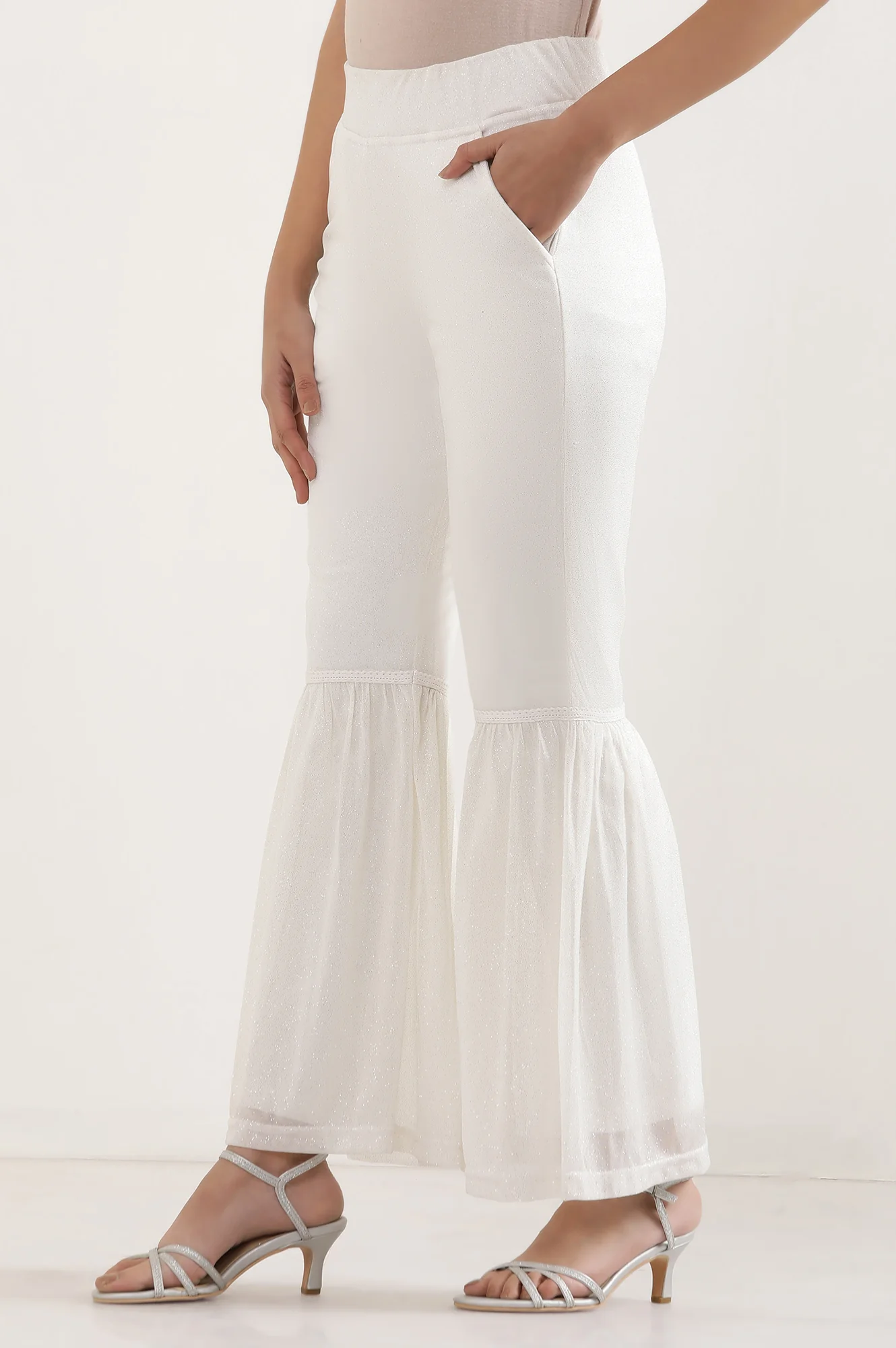 White Glitter Printed Flared Sharara With Elasticated Waist - Image 3