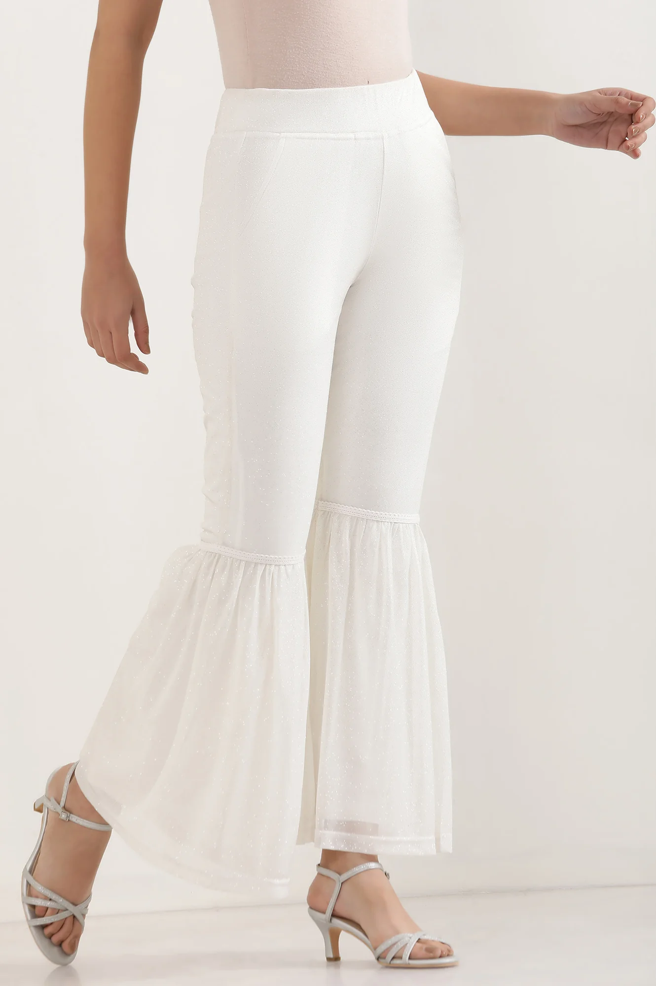White Glitter Printed Flared Sharara With Elasticated Waist - Image 5
