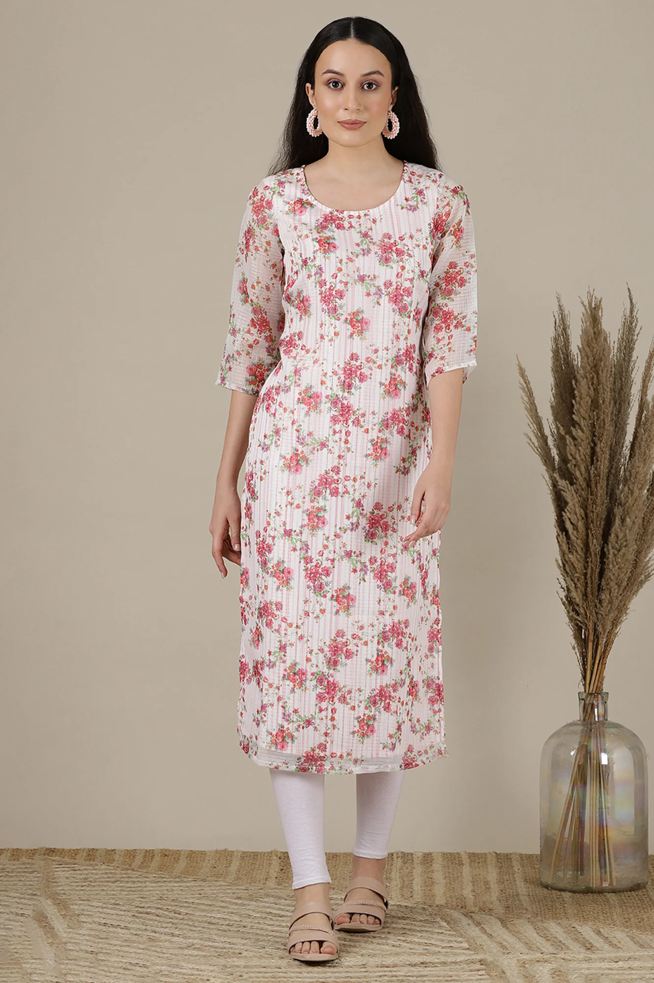 White & Pink Floral Printed Straight Kota Kurta - Image 3