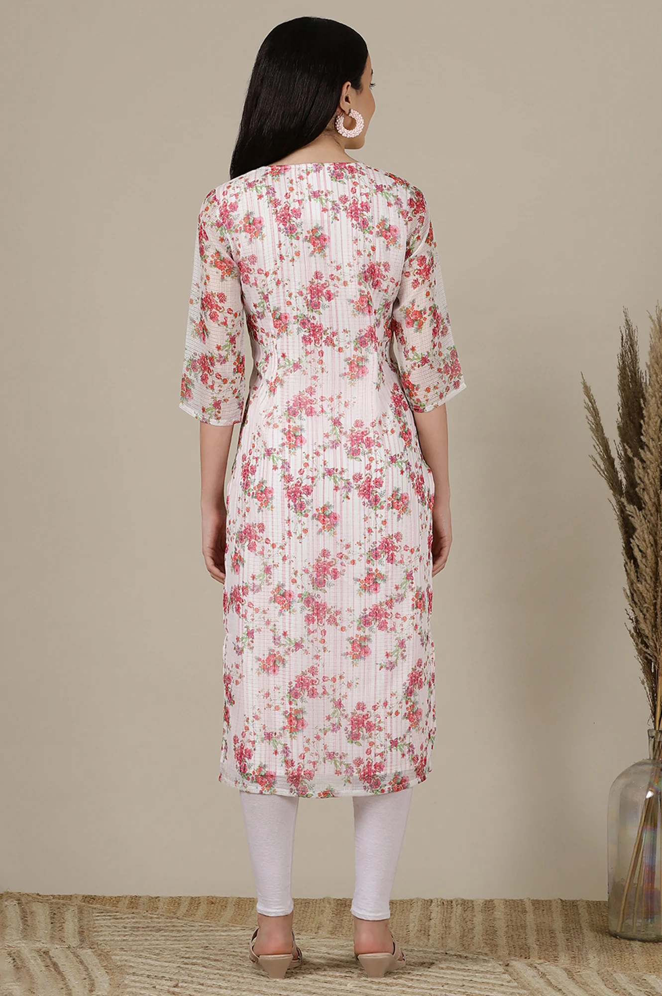 White & Pink Floral Printed Straight Kota Kurta - Image 6