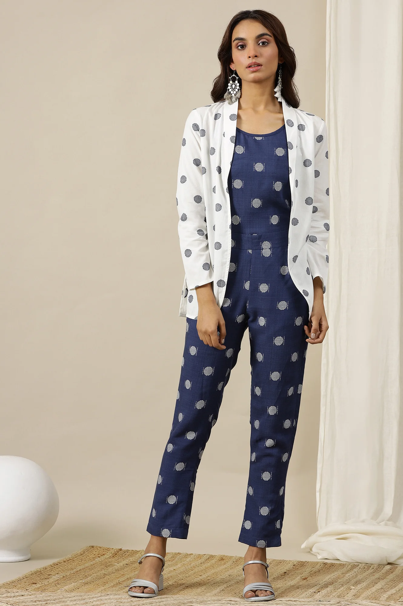 White Polka Dobby Pure Cotton Blazer, Blue Printed Top and Pants Set - Image 2