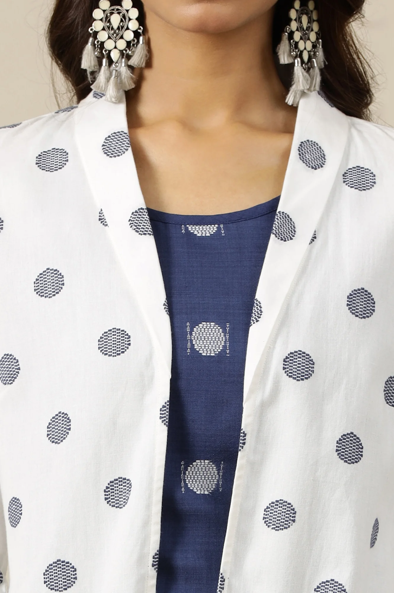 White Polka Dobby Pure Cotton Blazer, Blue Printed Top and Pants Set - Image 3