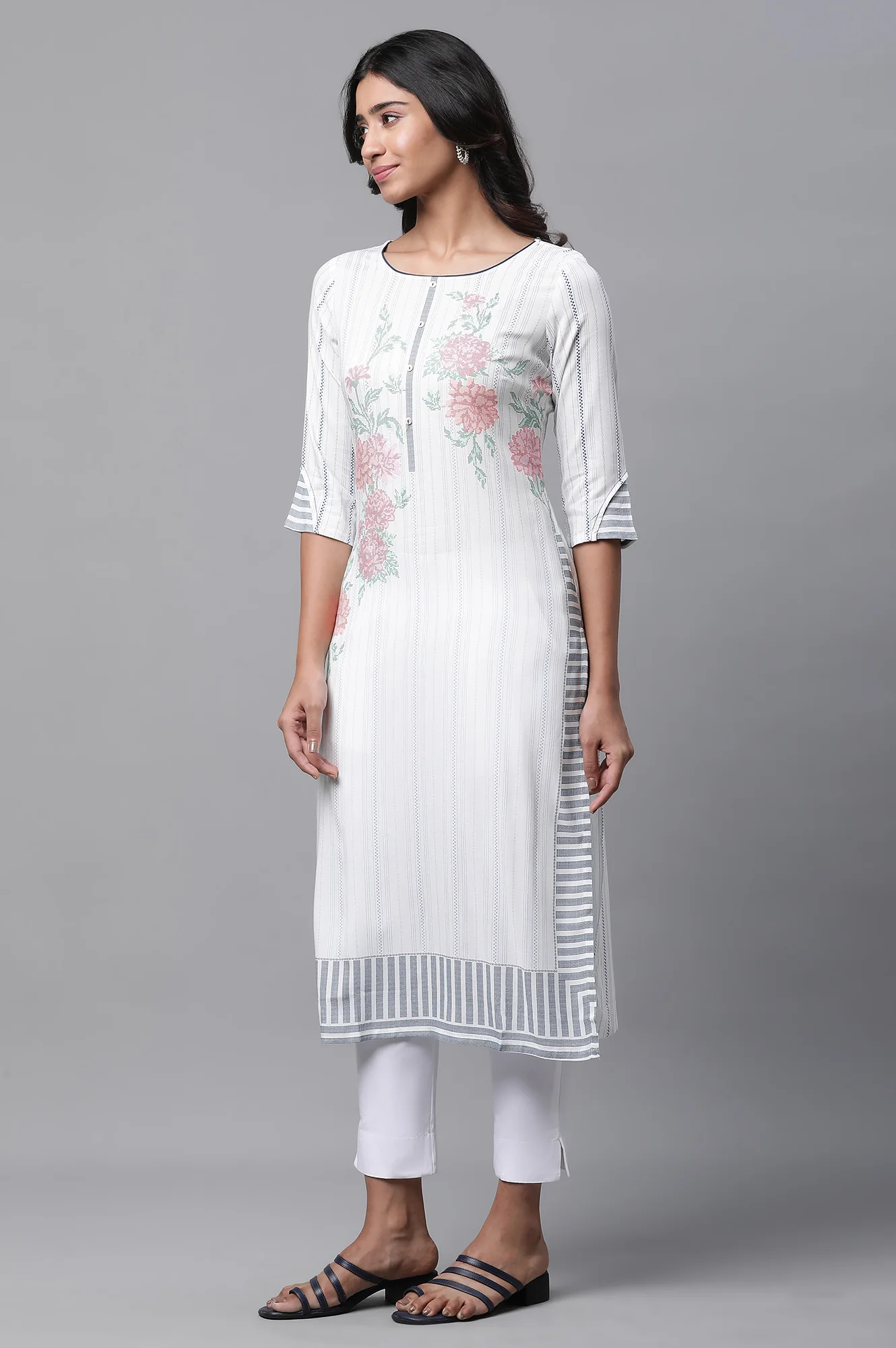 White Printed Casual Kurta - Image 3