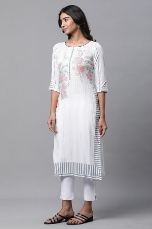 White Printed Casual Kurta - Image 3