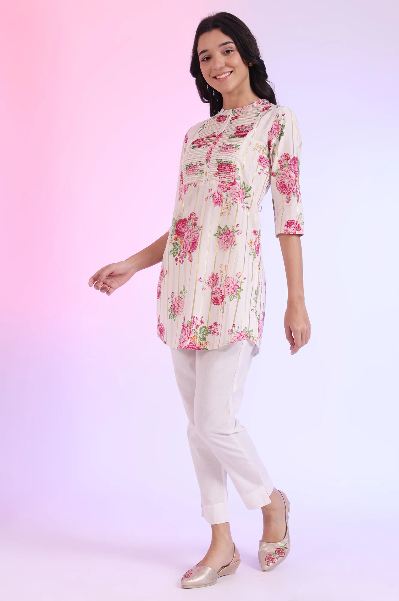 White Printed Straight Cotton Blend Kurti - Image 5