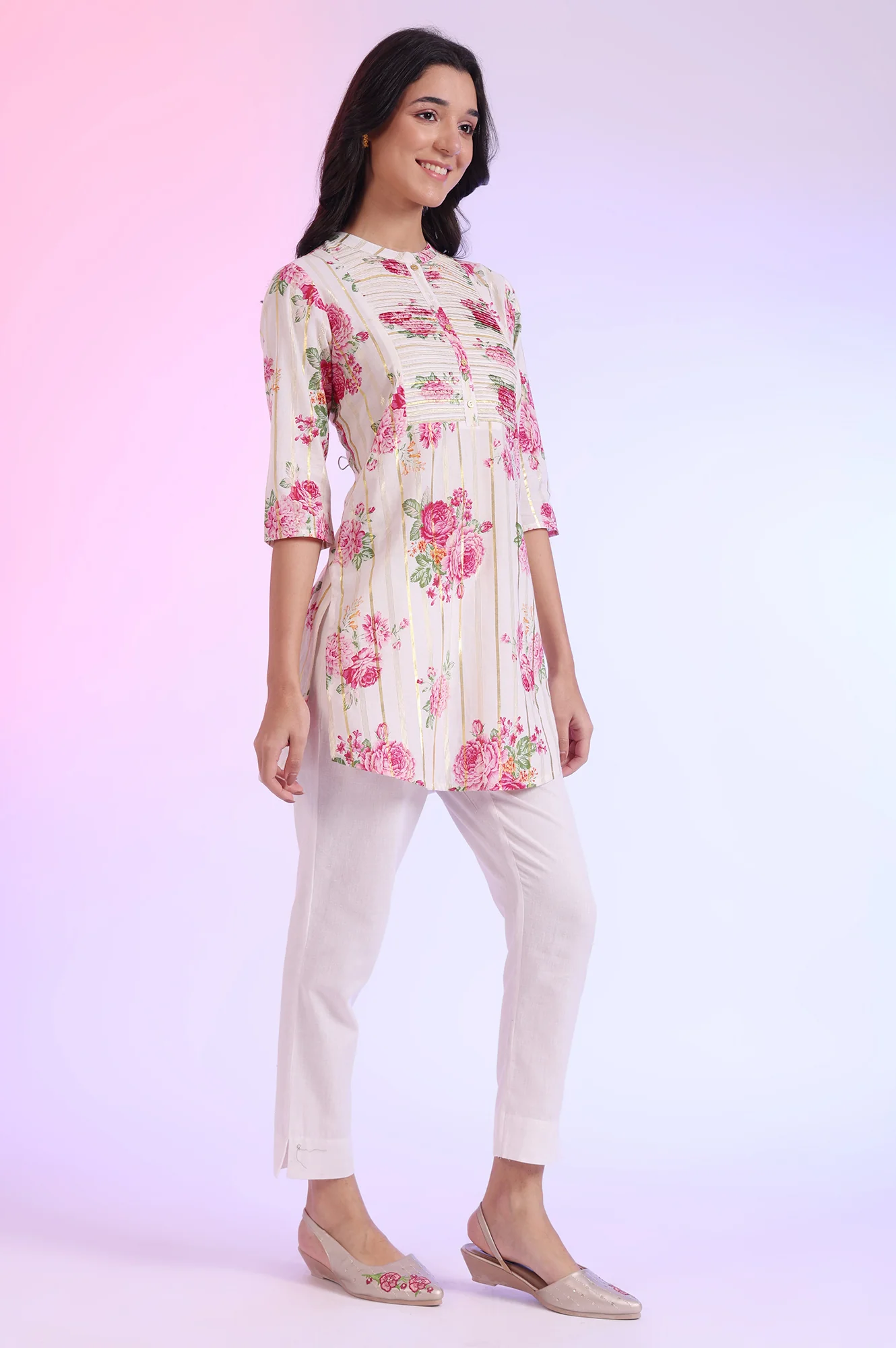 White Printed Straight Cotton Blend Kurti - Image 7