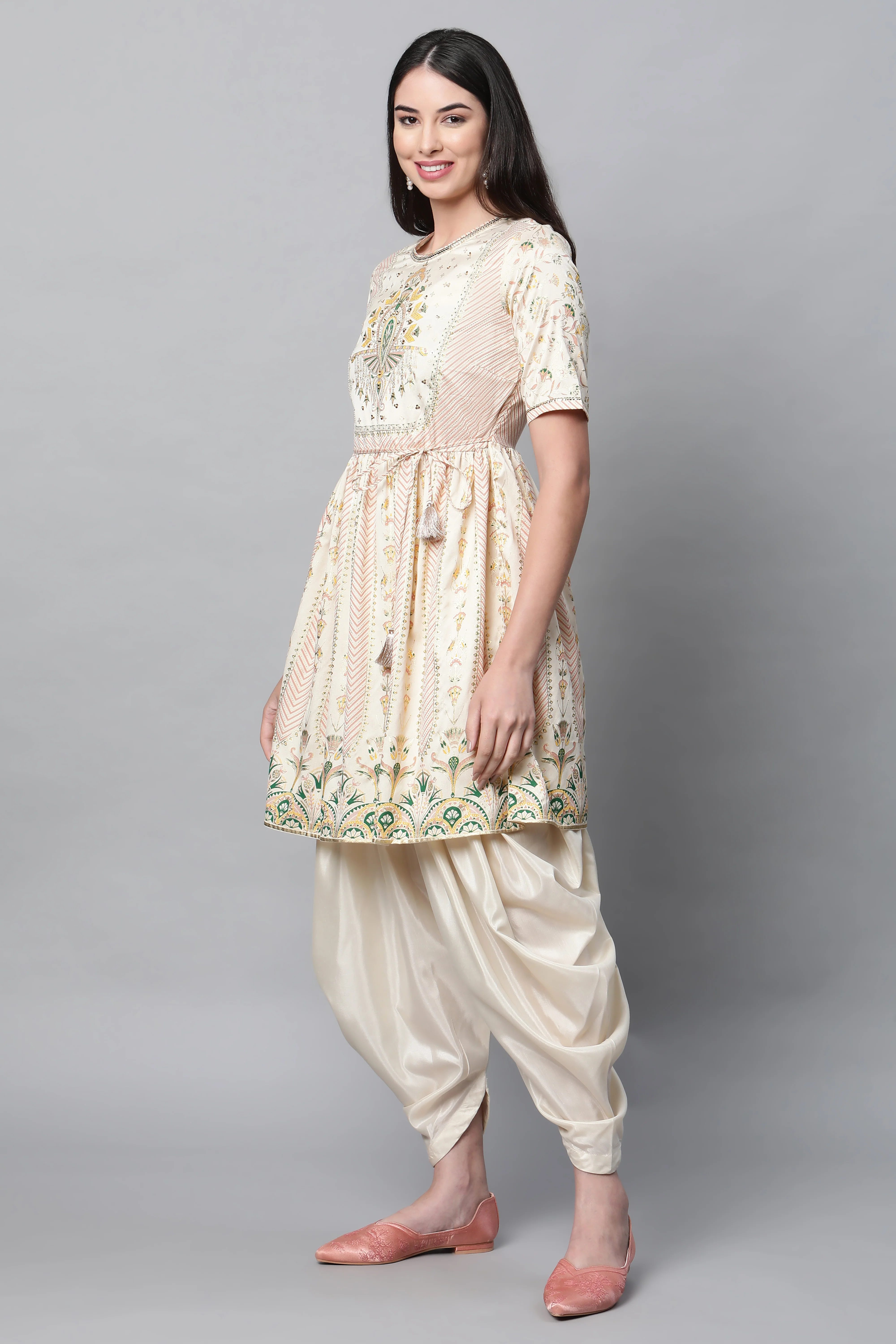 White Printed Festive Short Kurta With Dhoti Set - Image 3