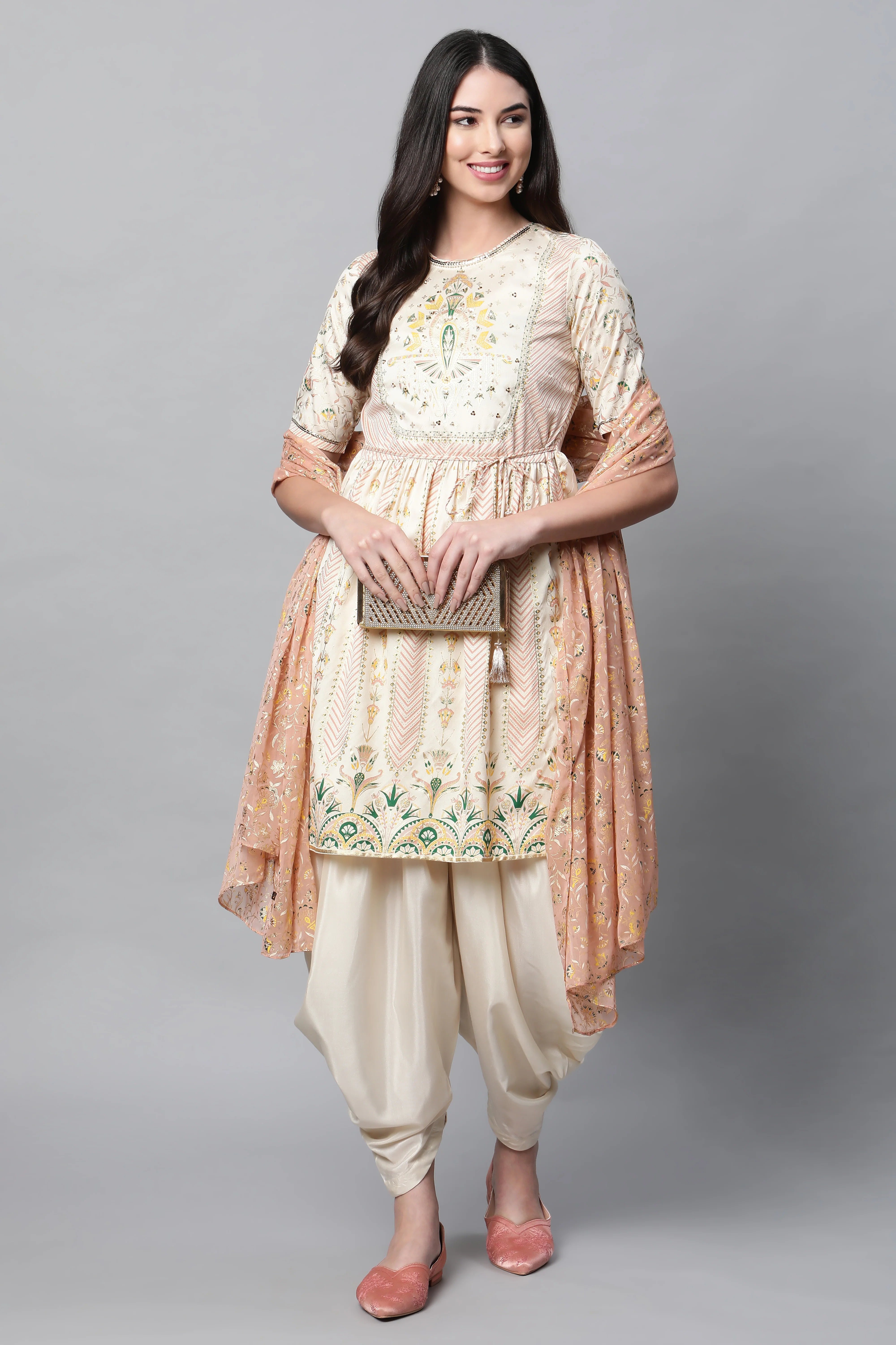 White Printed Festive Short Kurta With Dhoti Set - Image 5