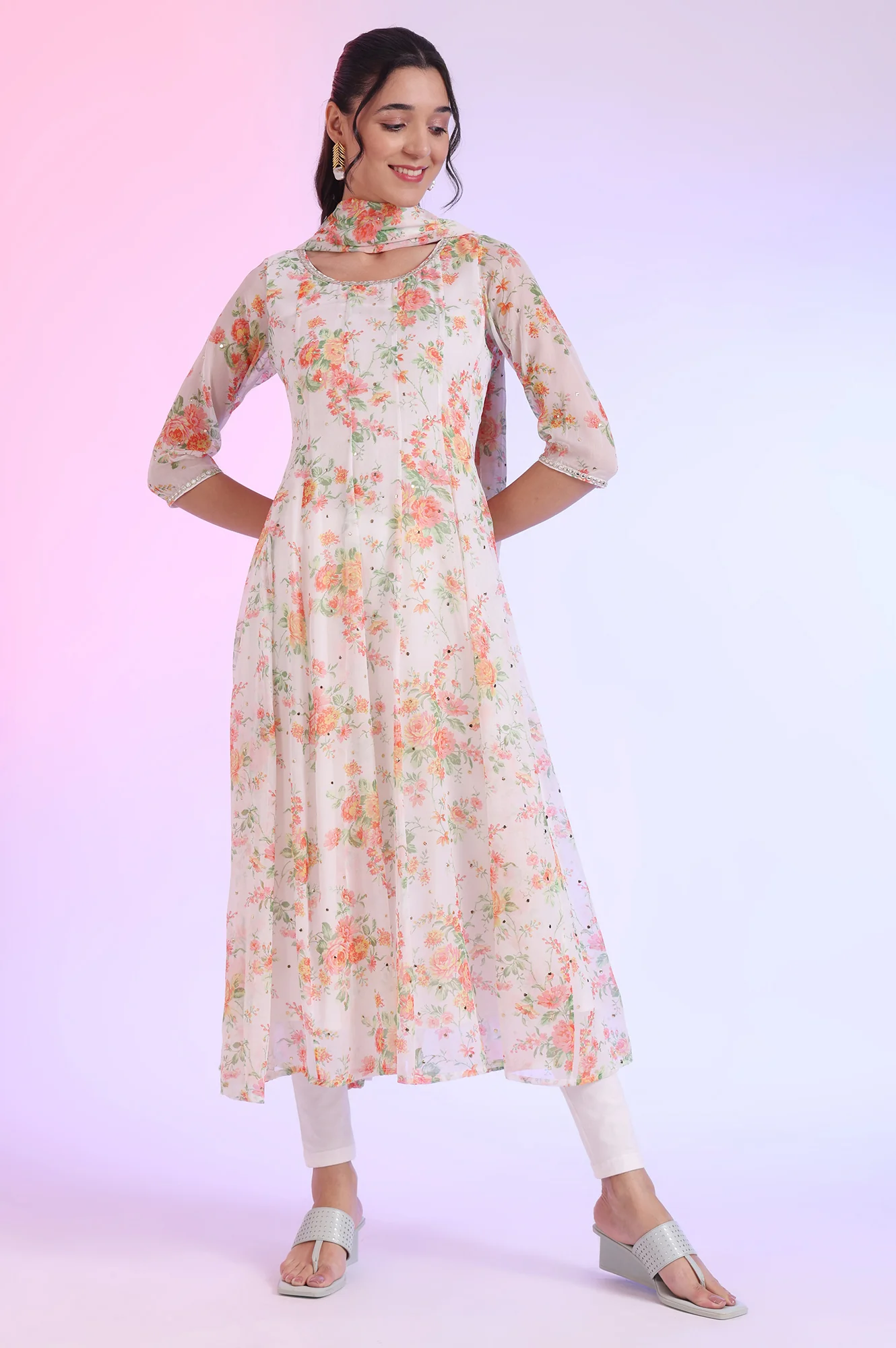 White Printed Anarkali with Leggings & Dupatta Set - Image 2