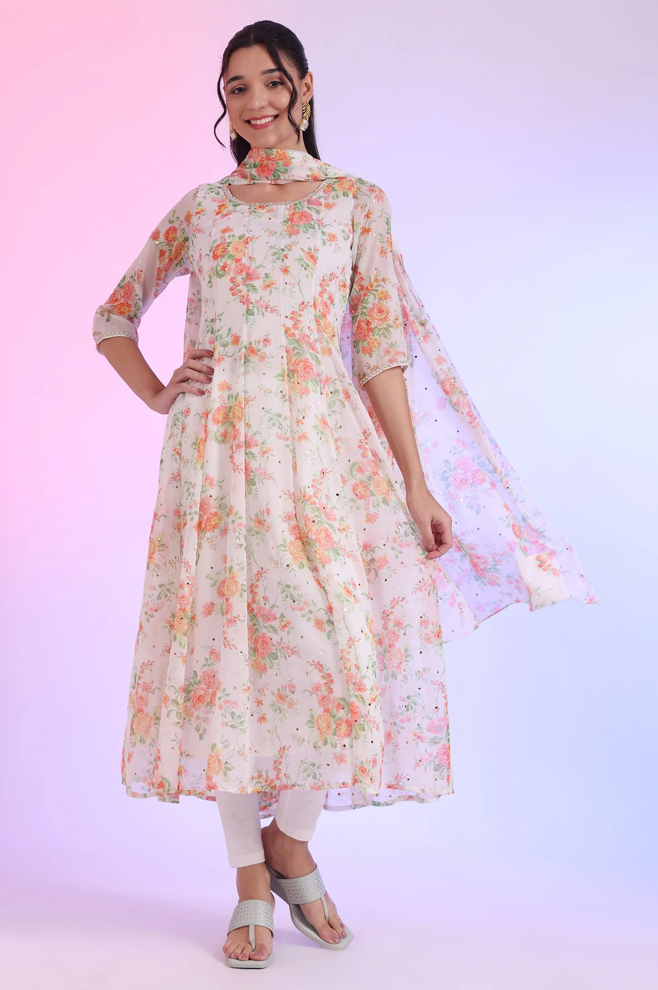 White Printed Anarkali with Leggings & Dupatta Set - Image 3