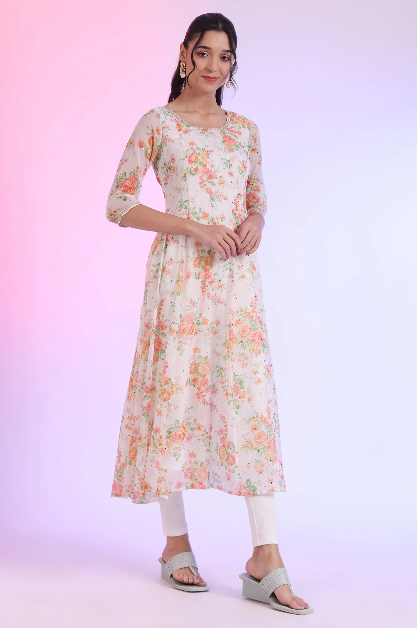 White Printed Anarkali with Leggings & Dupatta Set - Image 7