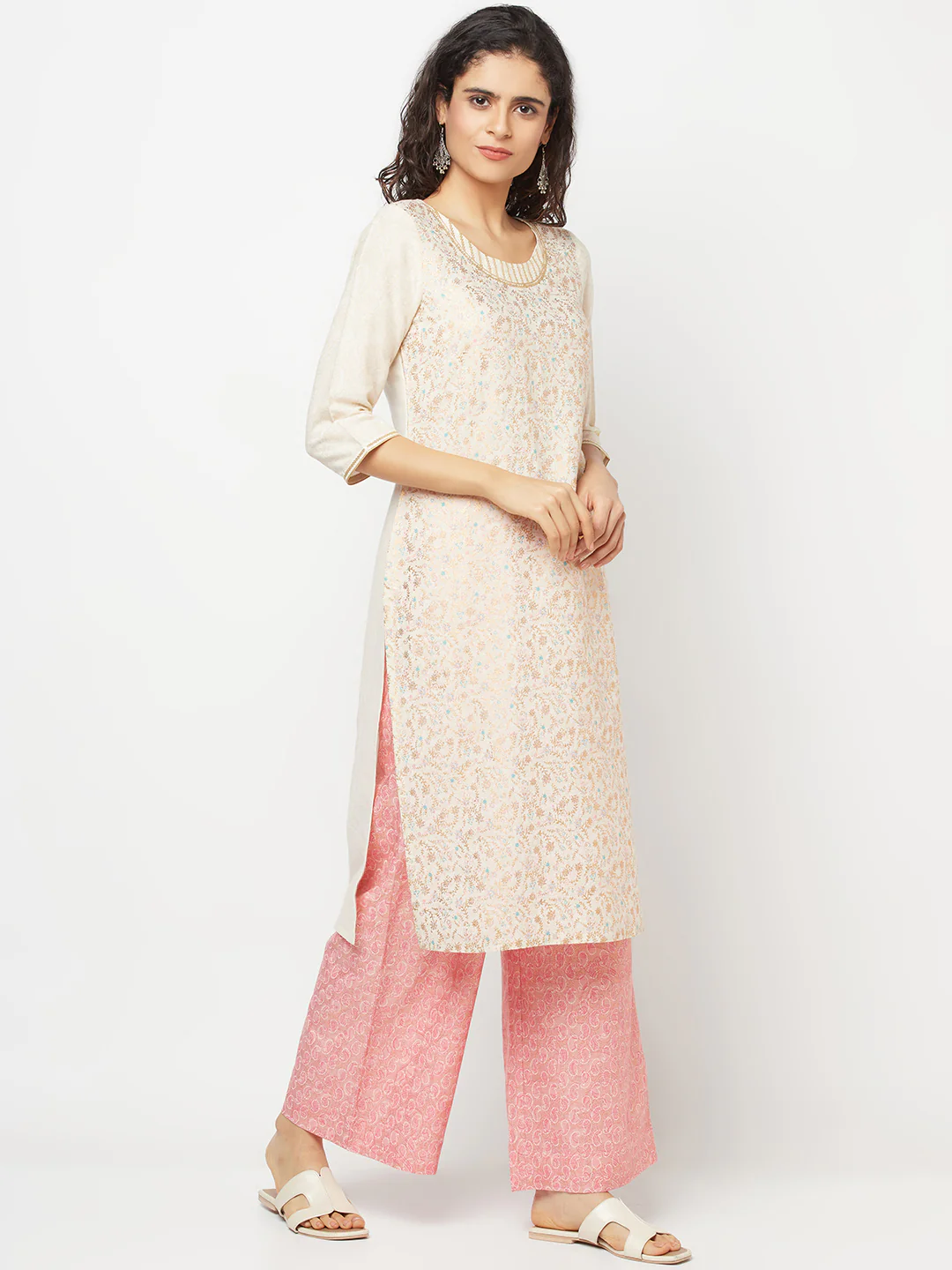 White Printed Kurta And Palazzo Set - Image 4
