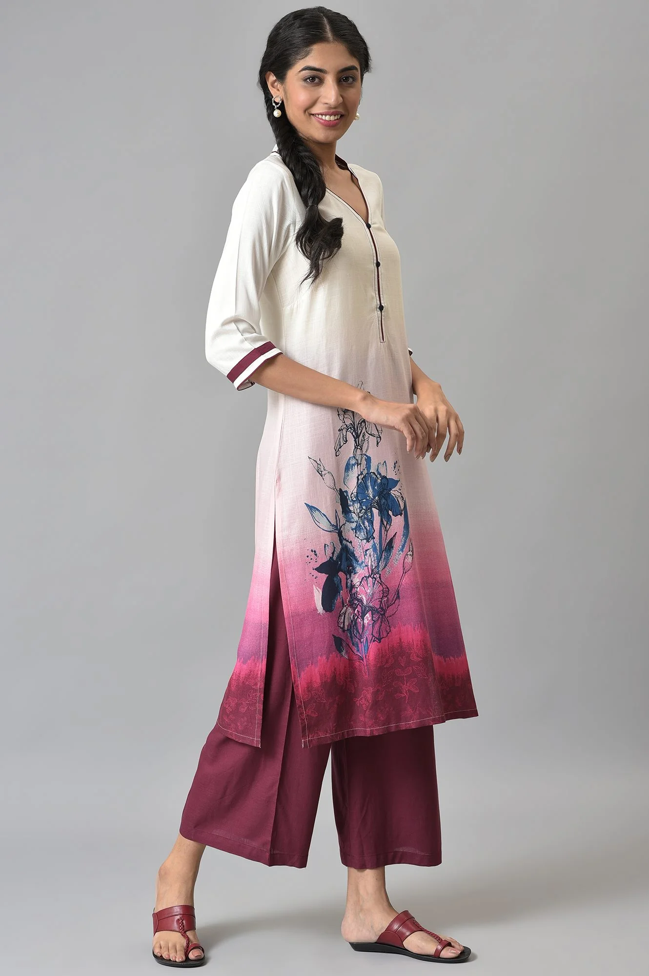 White Printed Kurta With Maroor Palazzo - Image 4