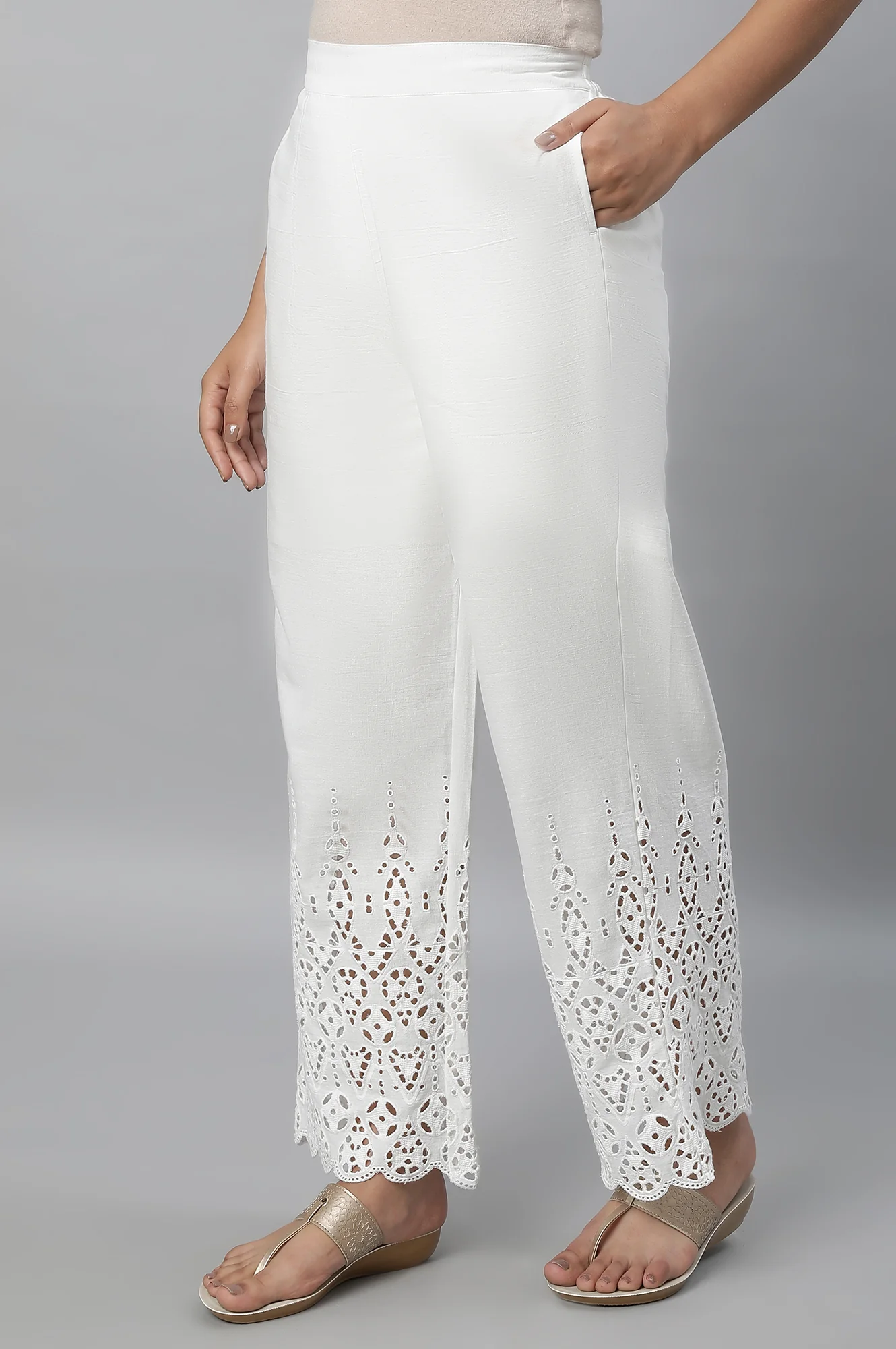 White Embroidered Straight Fit Cotton Palazzo With Side Pockets - Image 3