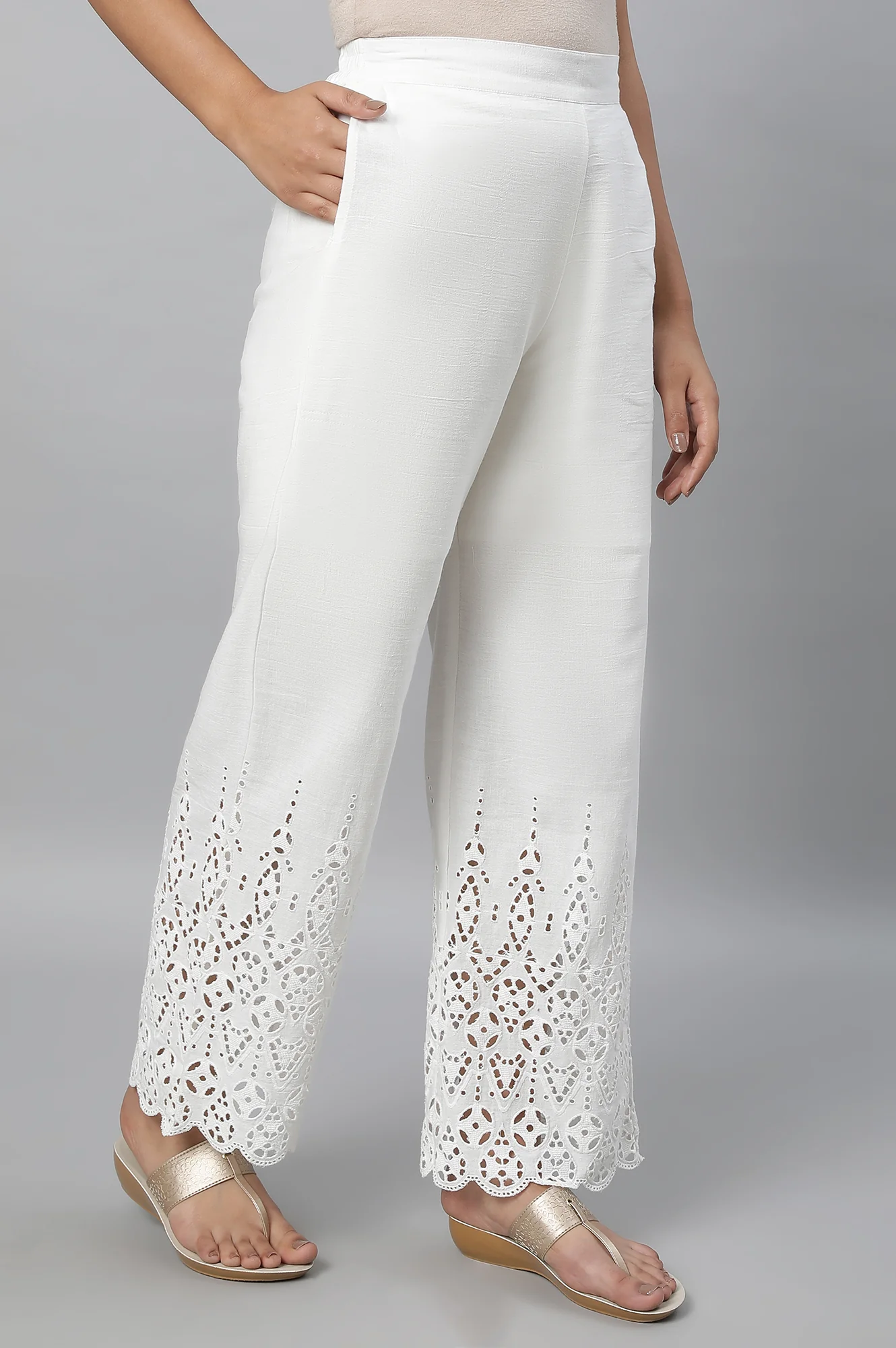 White Embroidered Straight Fit Cotton Palazzo With Side Pockets - Image 4