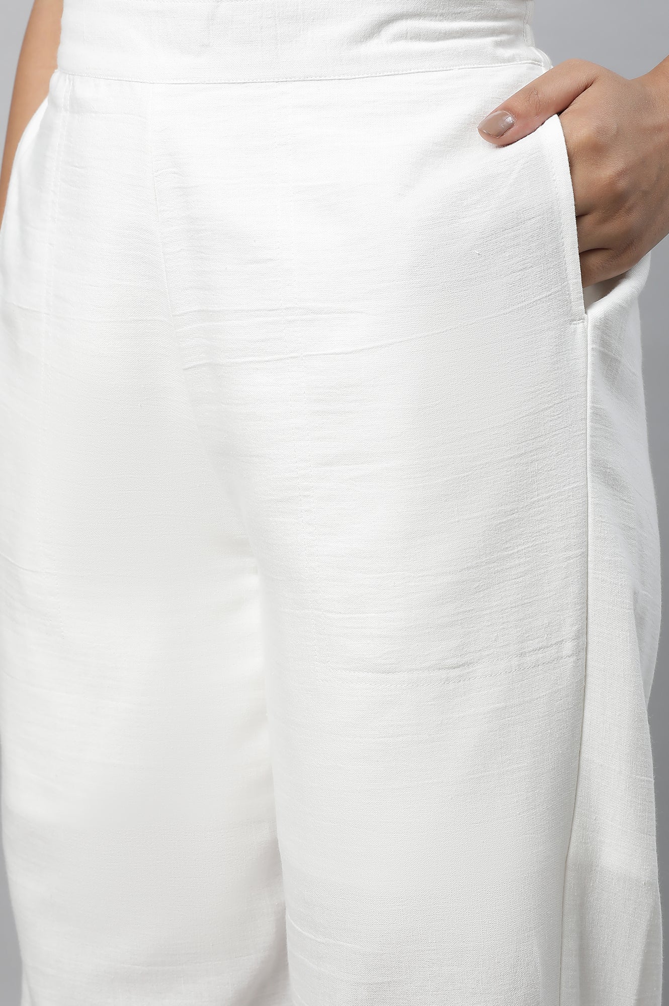 White Embroidered Straight Fit Cotton Palazzo With Side Pockets - Image 6