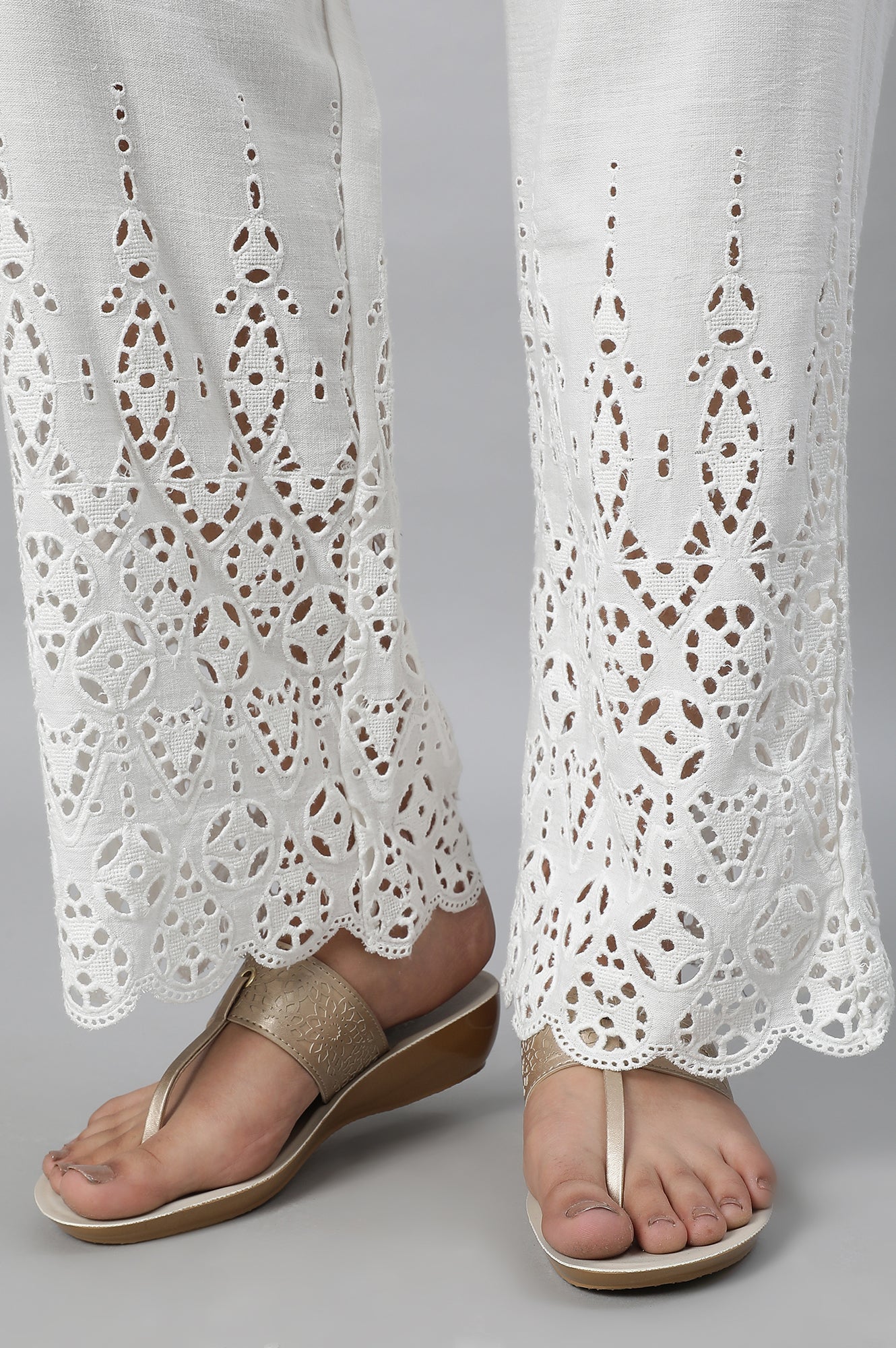 White Embroidered Straight Fit Cotton Palazzo With Side Pockets - Image 8