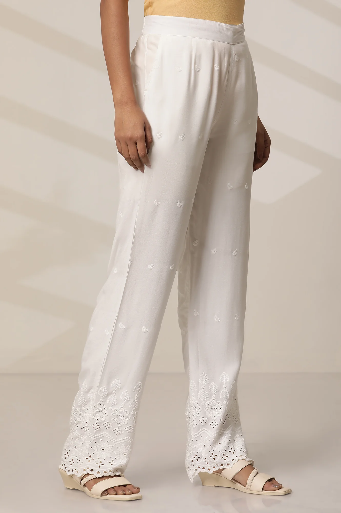 White Rayon Schiffli Narrow Palazzo - Image 5