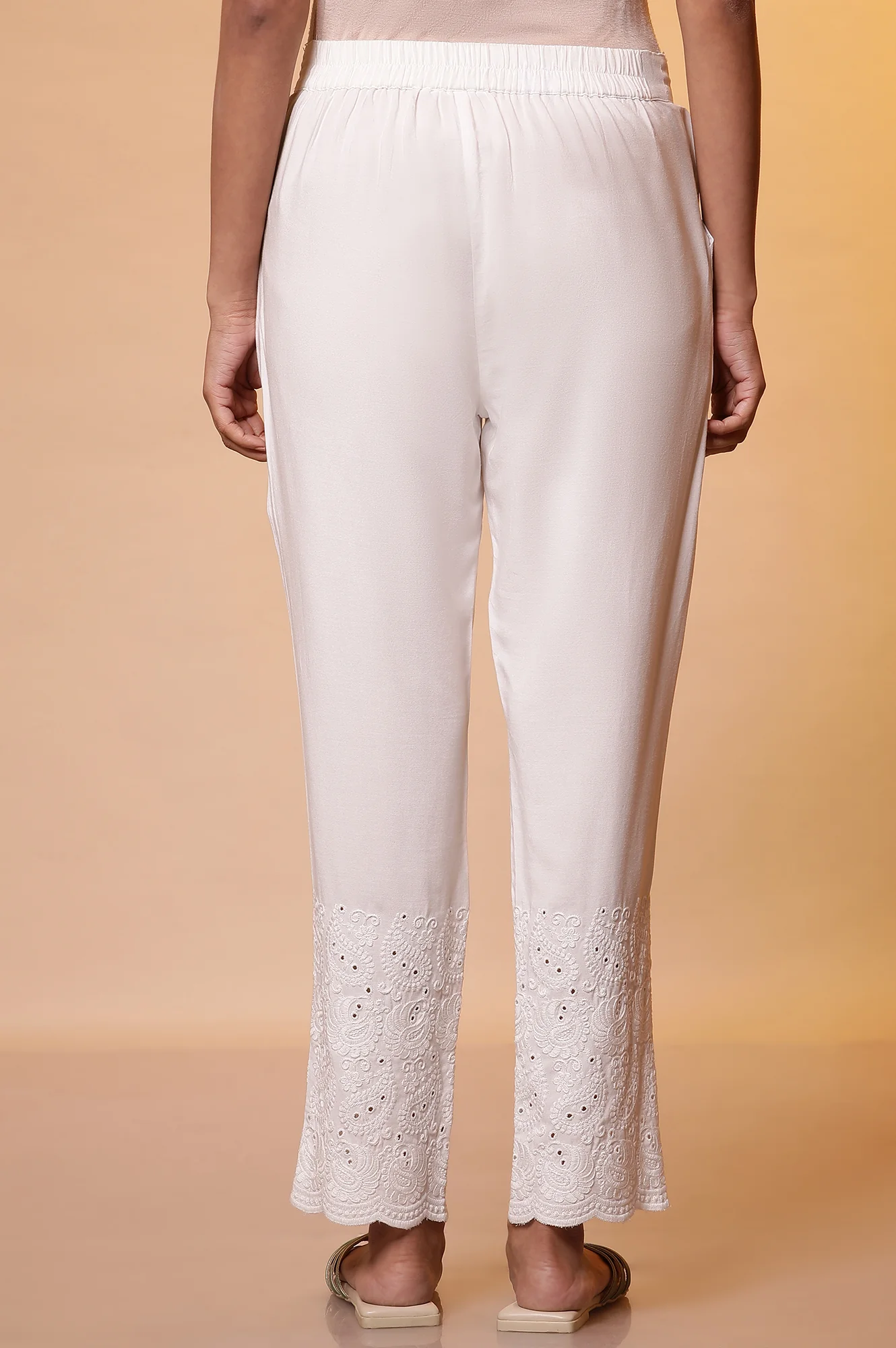 White Schiffli Casual Trousers - Image 3