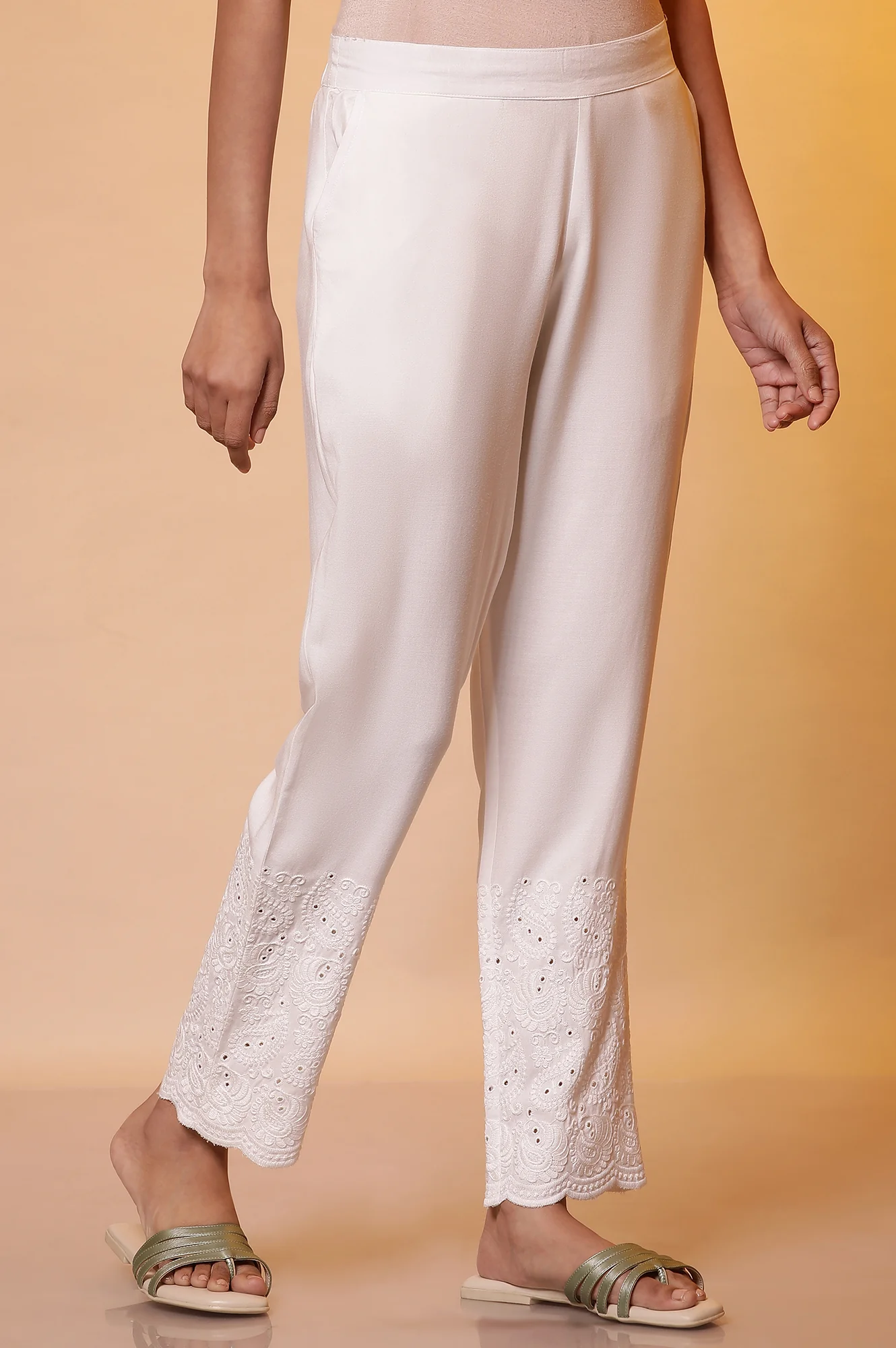 White Schiffli Casual Trousers - Image 4