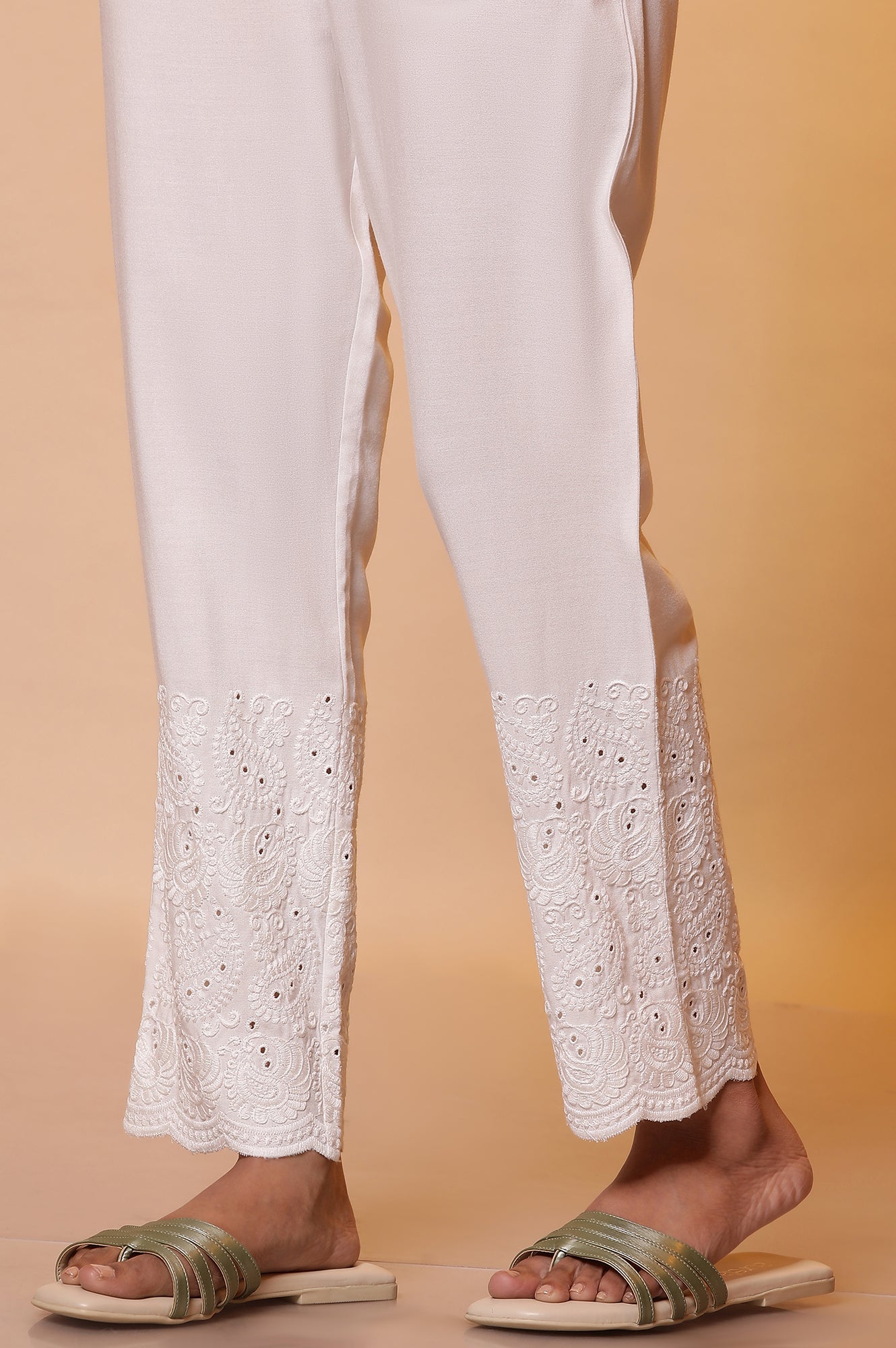 White Schiffli Casual Trousers - Image 8