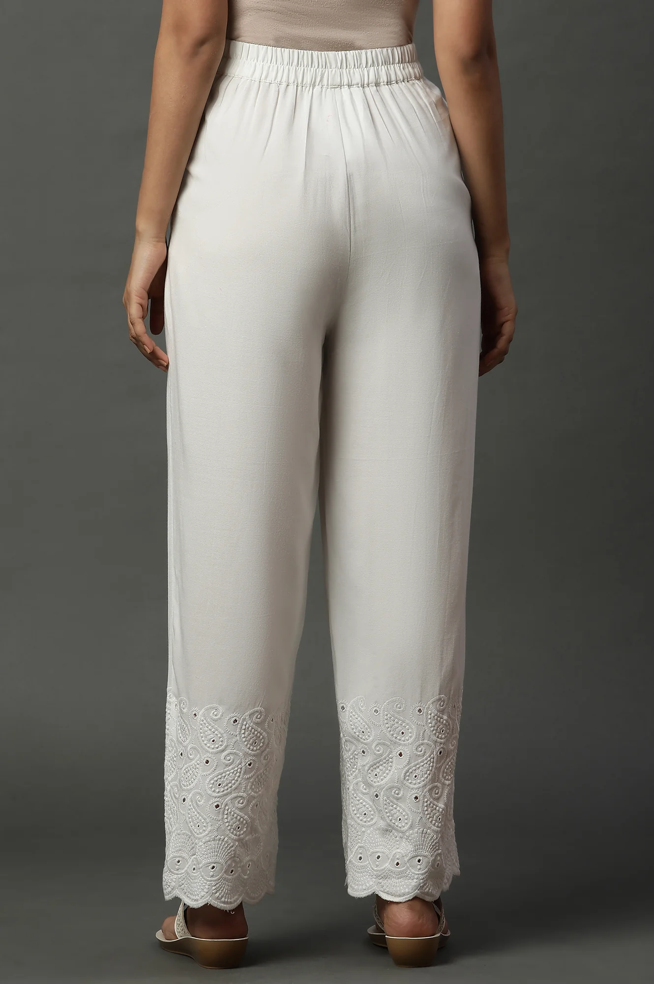 White Schiffli Embroidered Narrow Palazzo - Image 3