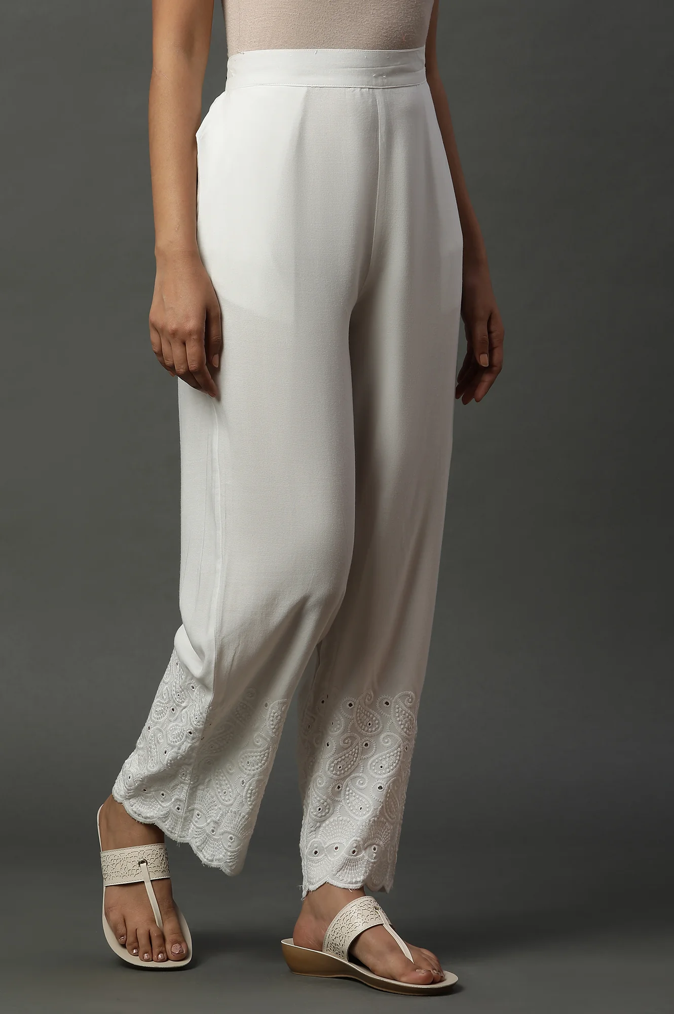 White Schiffli Embroidered Narrow Palazzo - Image 4