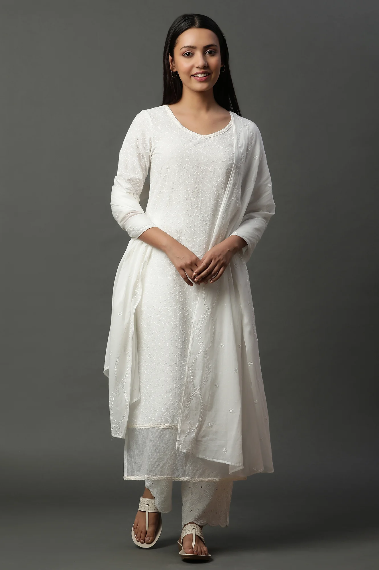 White Schiffli Embroidered Narrow Palazzo - Image 5