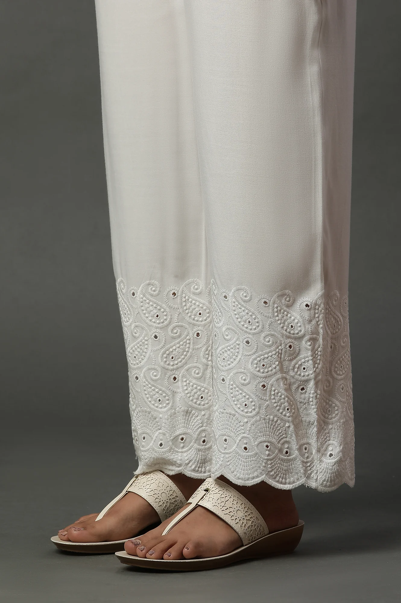 White Schiffli Embroidered Narrow Palazzo - Image 8