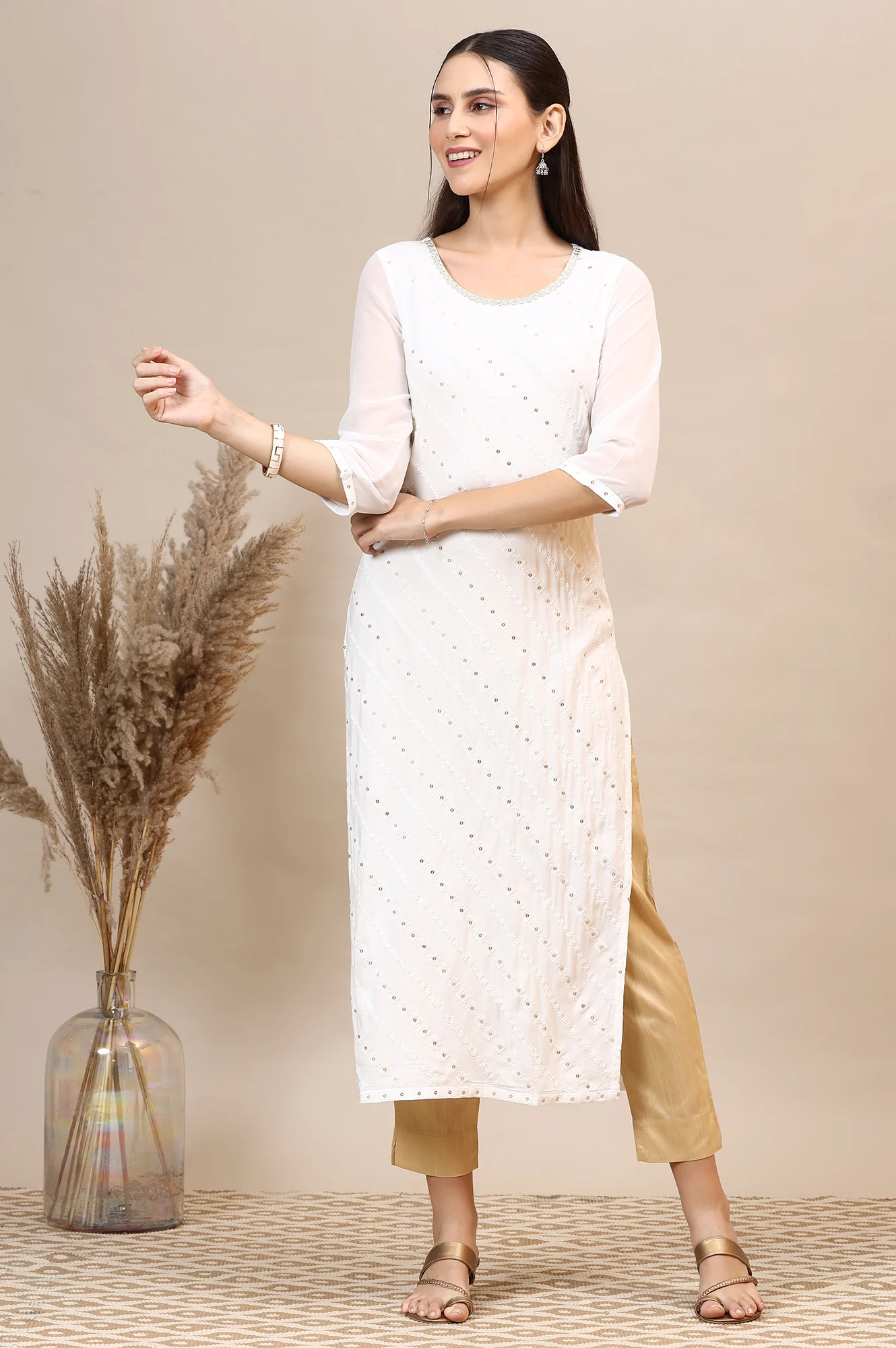 White Schiffli Embroidered Rayon Straight Kurta with Sequins - Image 3