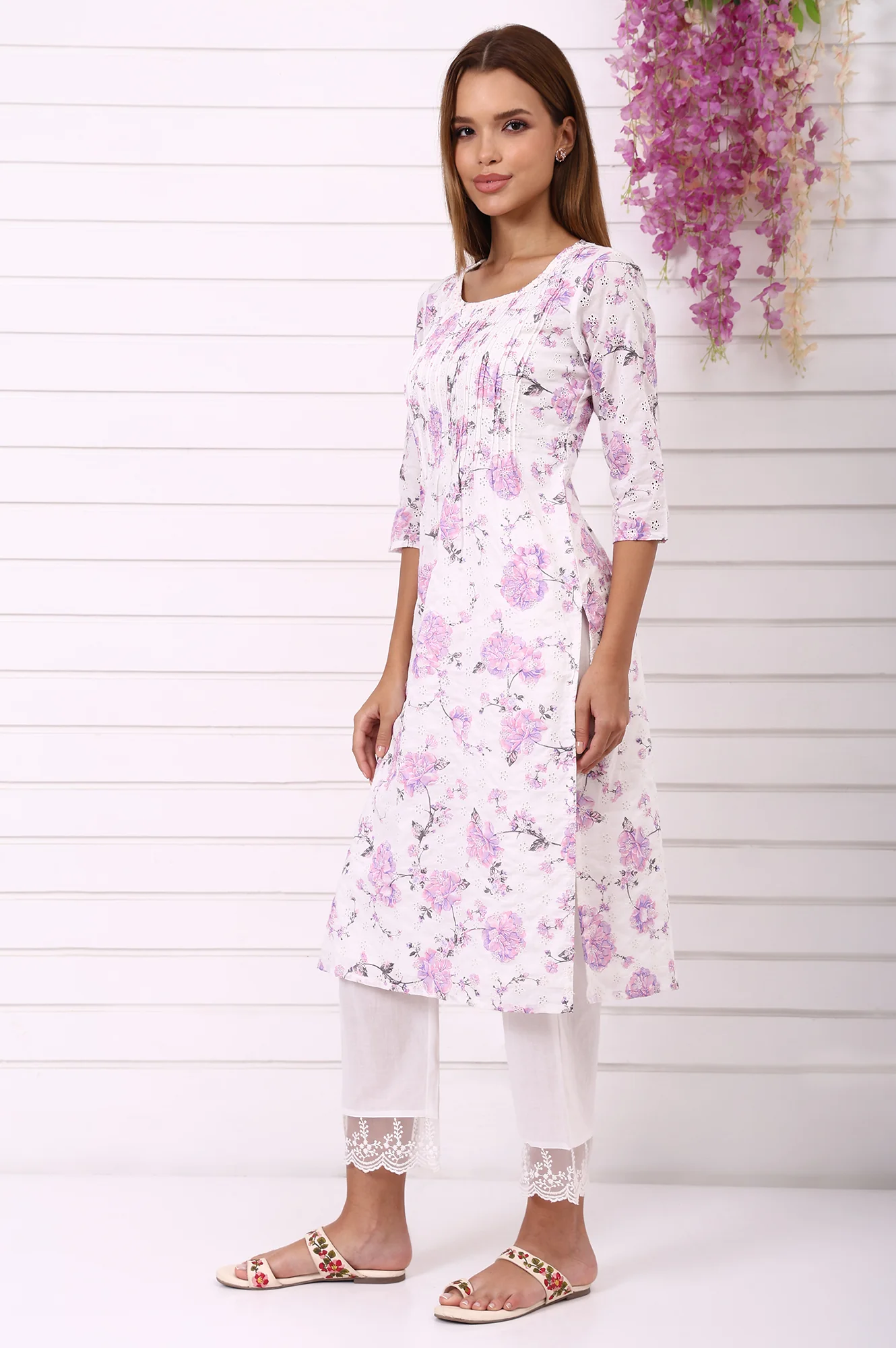 White Schiffli Embroidered Straight Kurta with Pintuck on Yoke in Round neck - Image 4