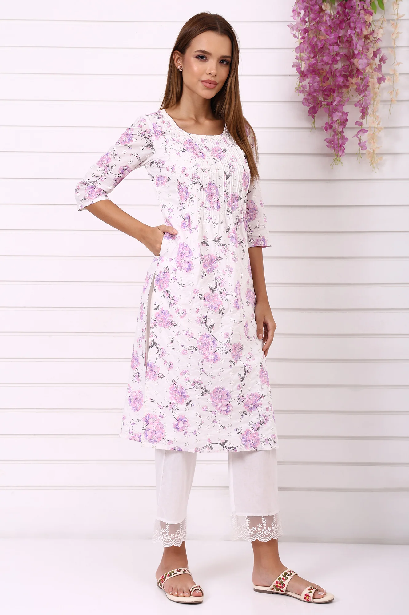 White Schiffli Embroidered Straight Kurta with Pintuck on Yoke in Round neck - Image 6