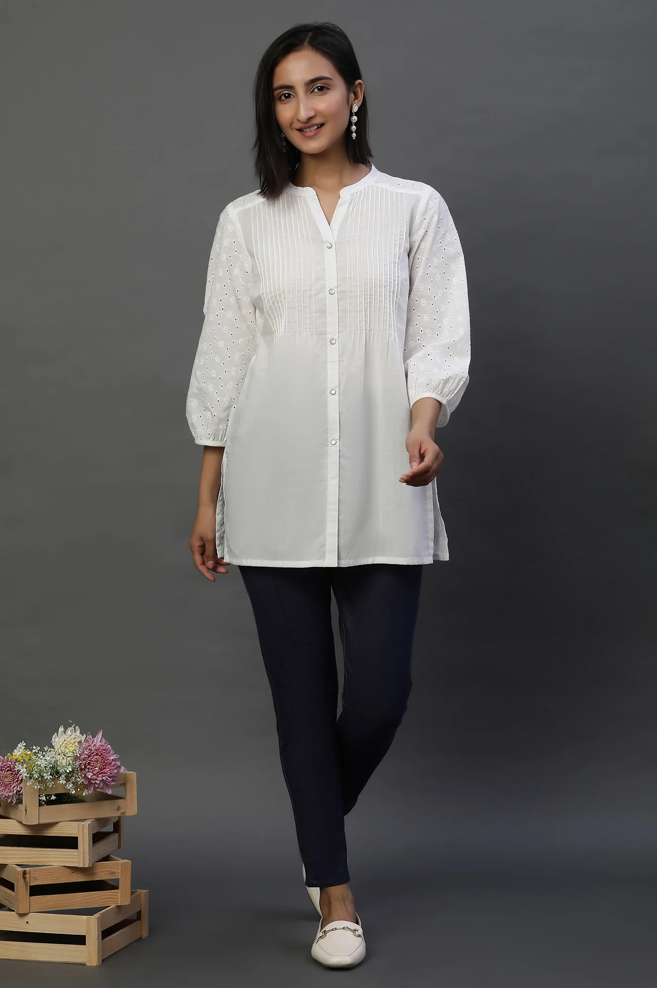 White Schiffli Short Kurti with Pintucks - Image 5