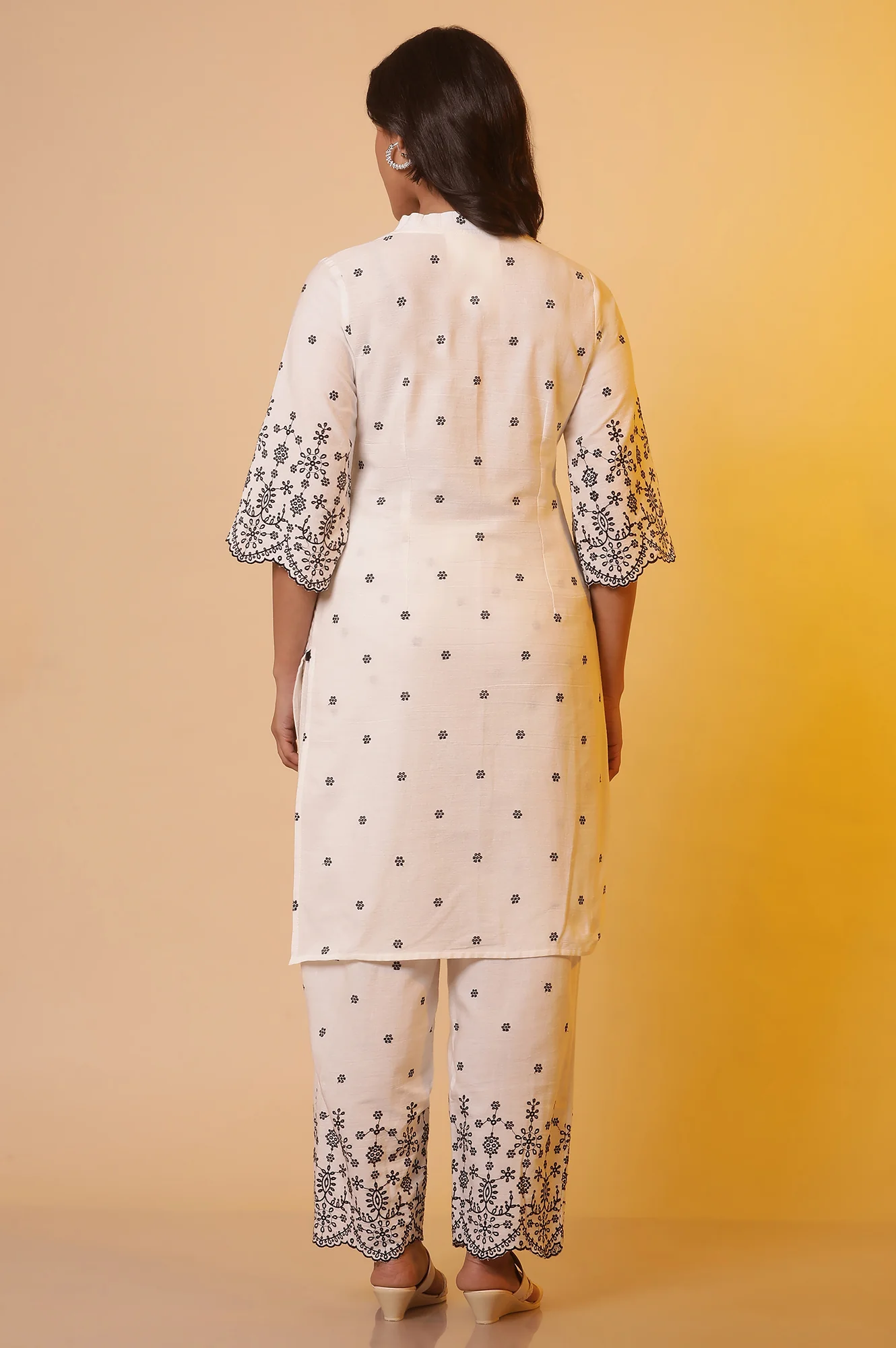 White Schiffli Straight Kurta and Pants Co-ord Set - Image 4
