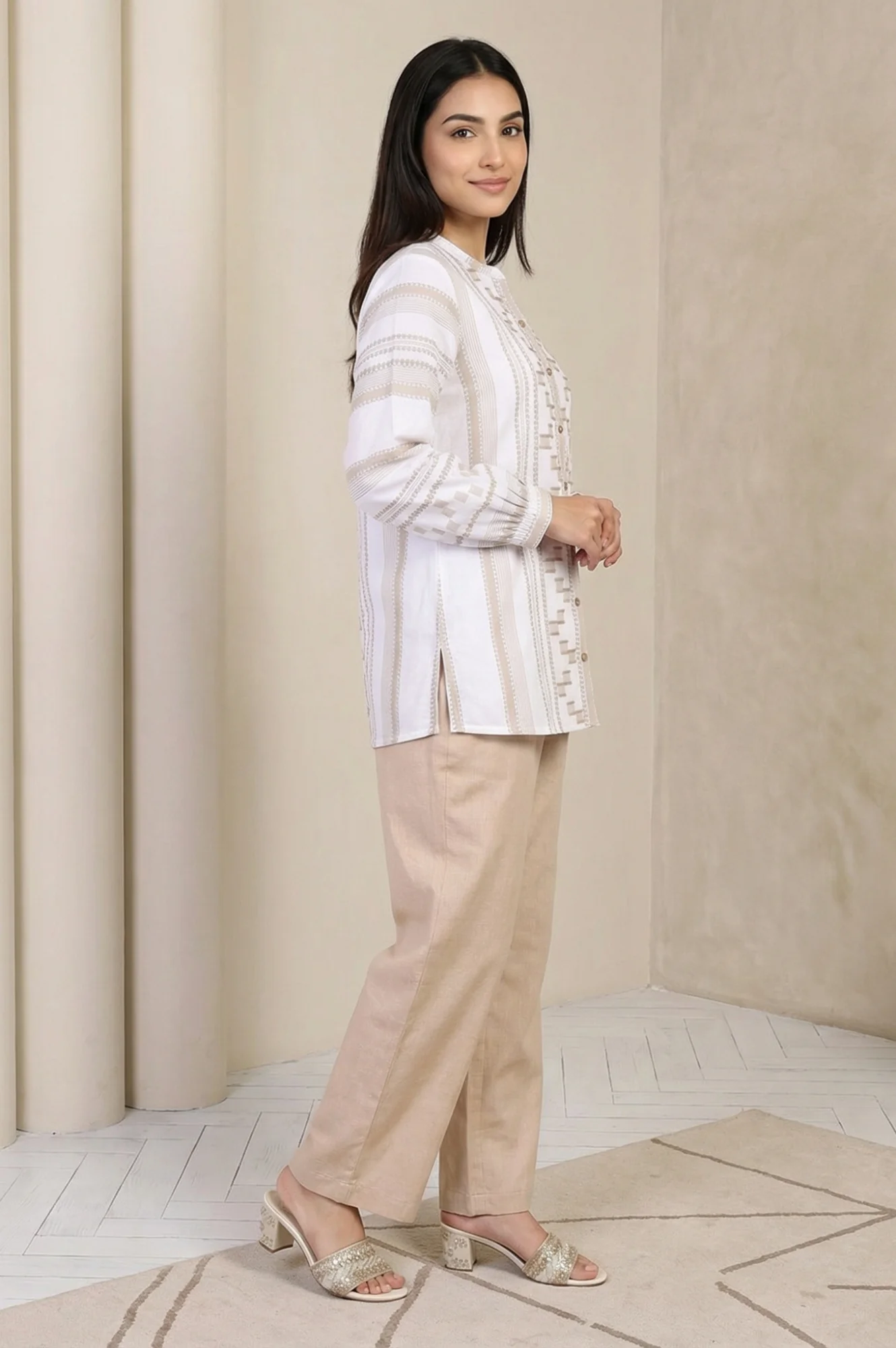 White Self-design Pure Cotton Straight Tunic and Palazzo Set - Image 6